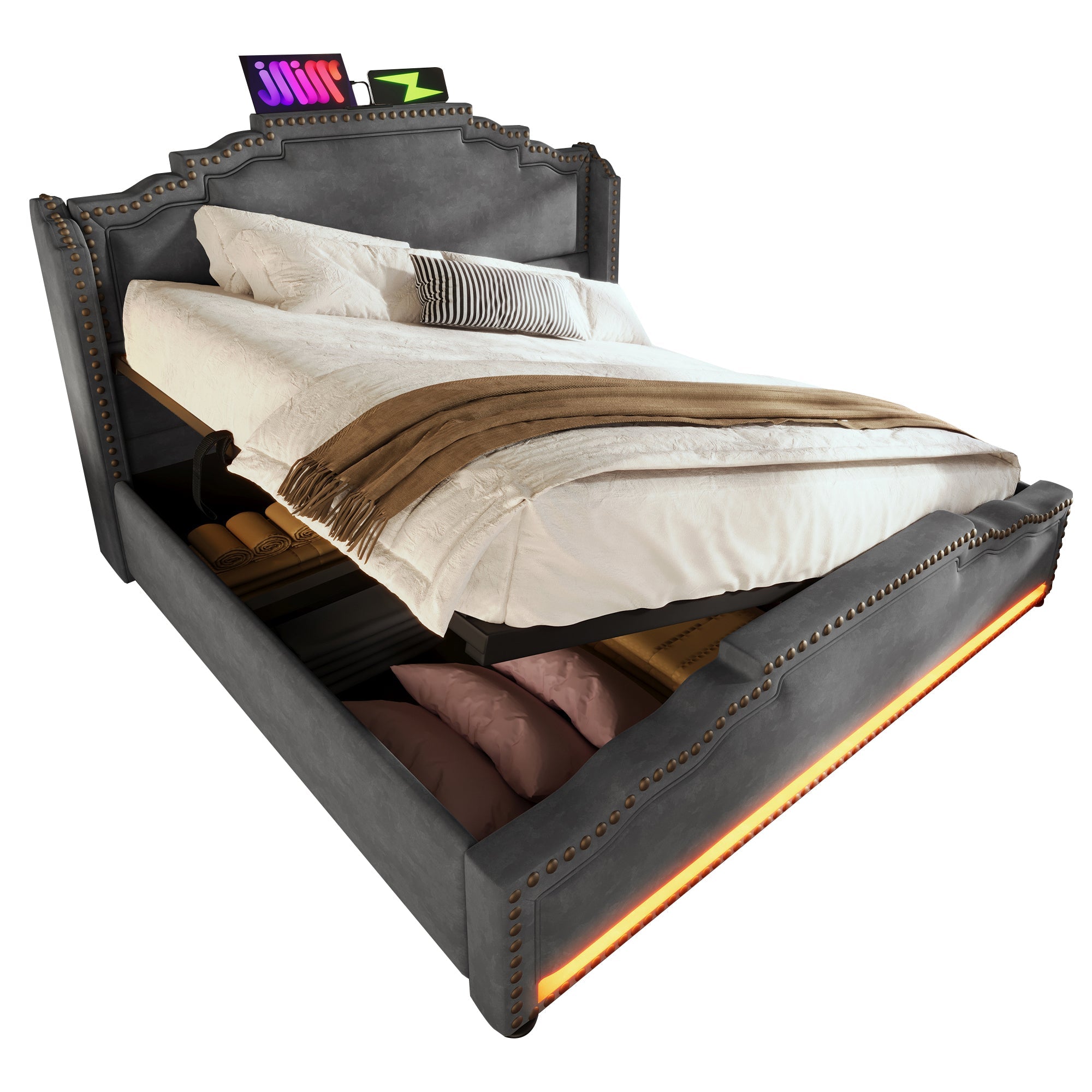 Logidon gestoffeerd bed 160x200 grijs fluweel met opbergruimte LED USB C