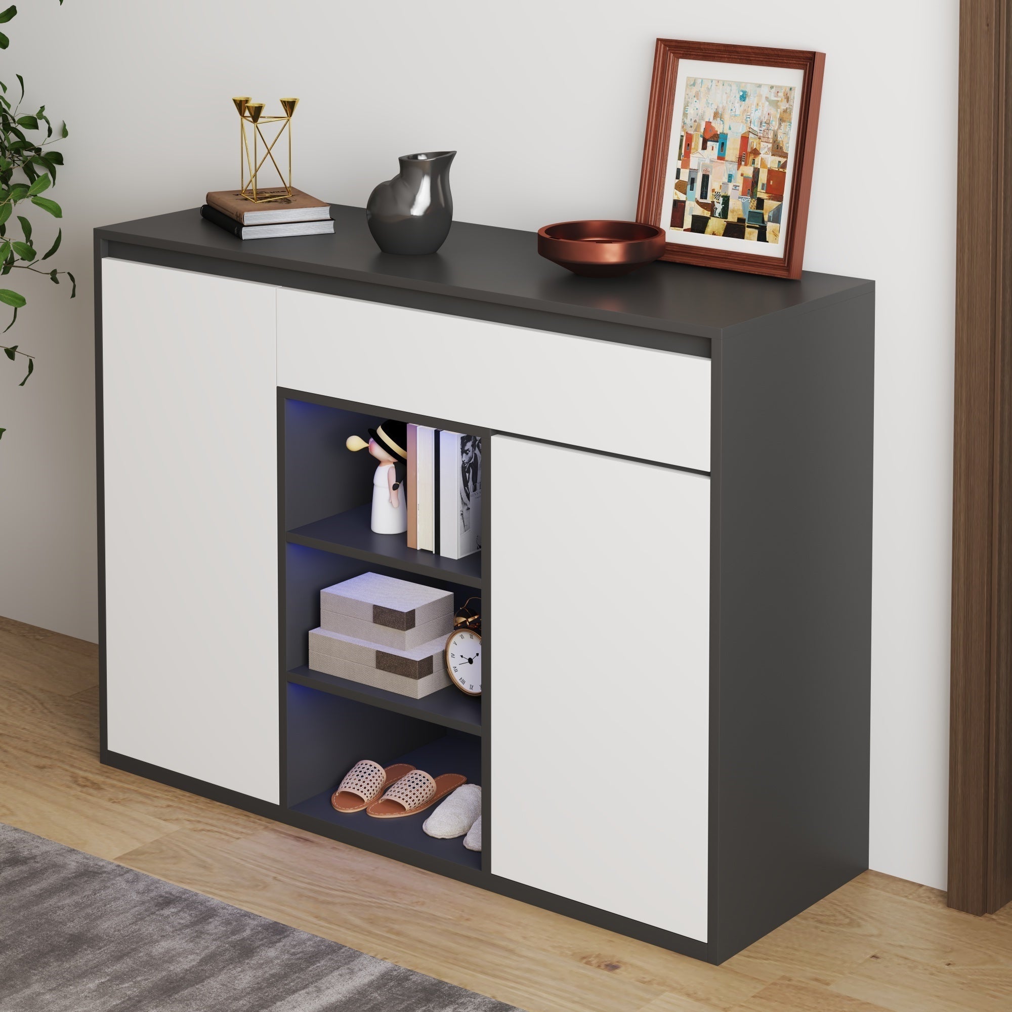 Logidon Shoe Cabinet Black White Two Doors Adjustable Shoe Rack