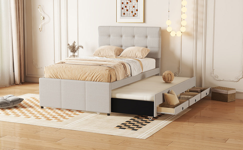Logidon gestoffeerd bed 90x200 beige uitschuifbaar onderschuifbed 3 lades