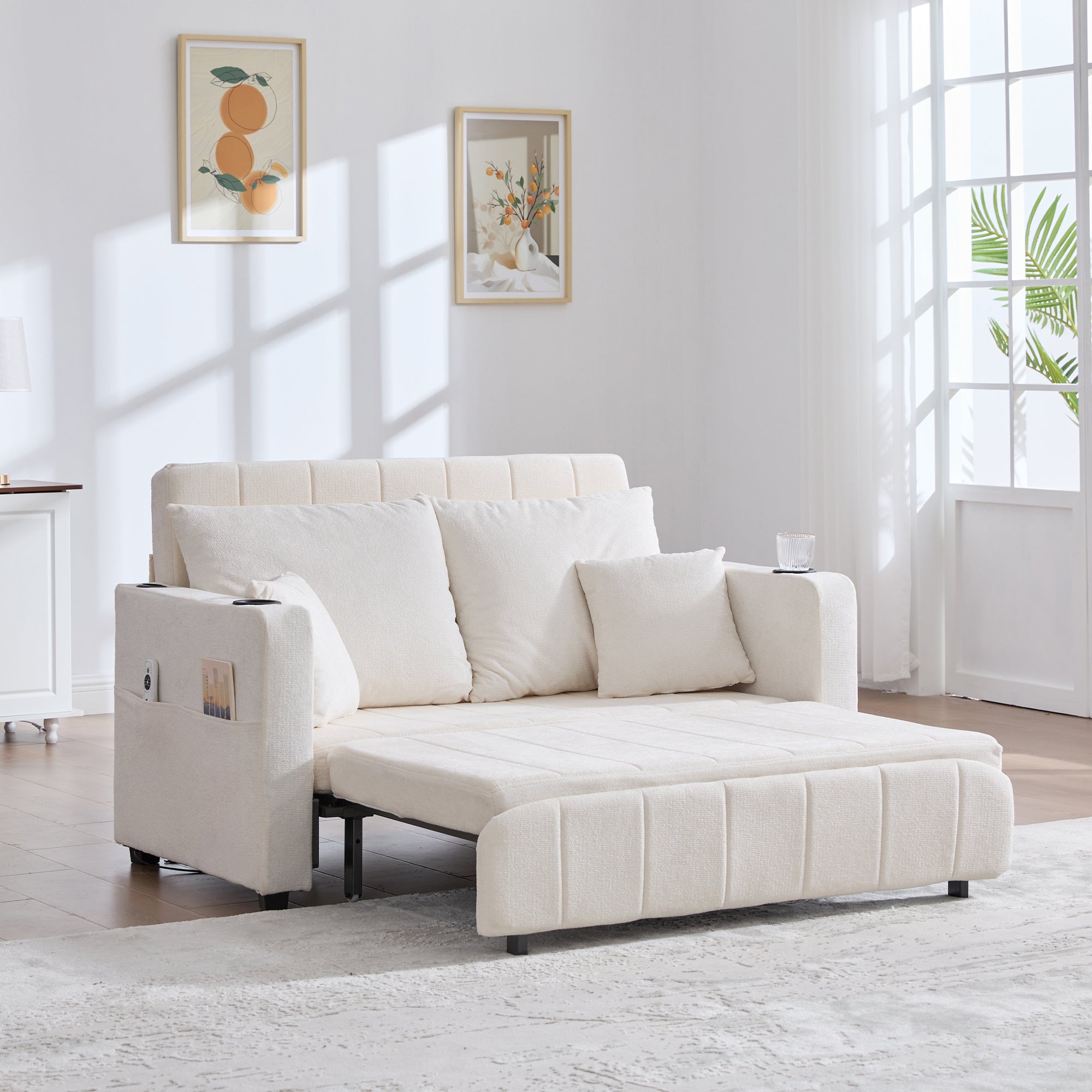 Logidon Beige Fluweel Multifunctionele Stoffen Bank Uitschuifbaar USB