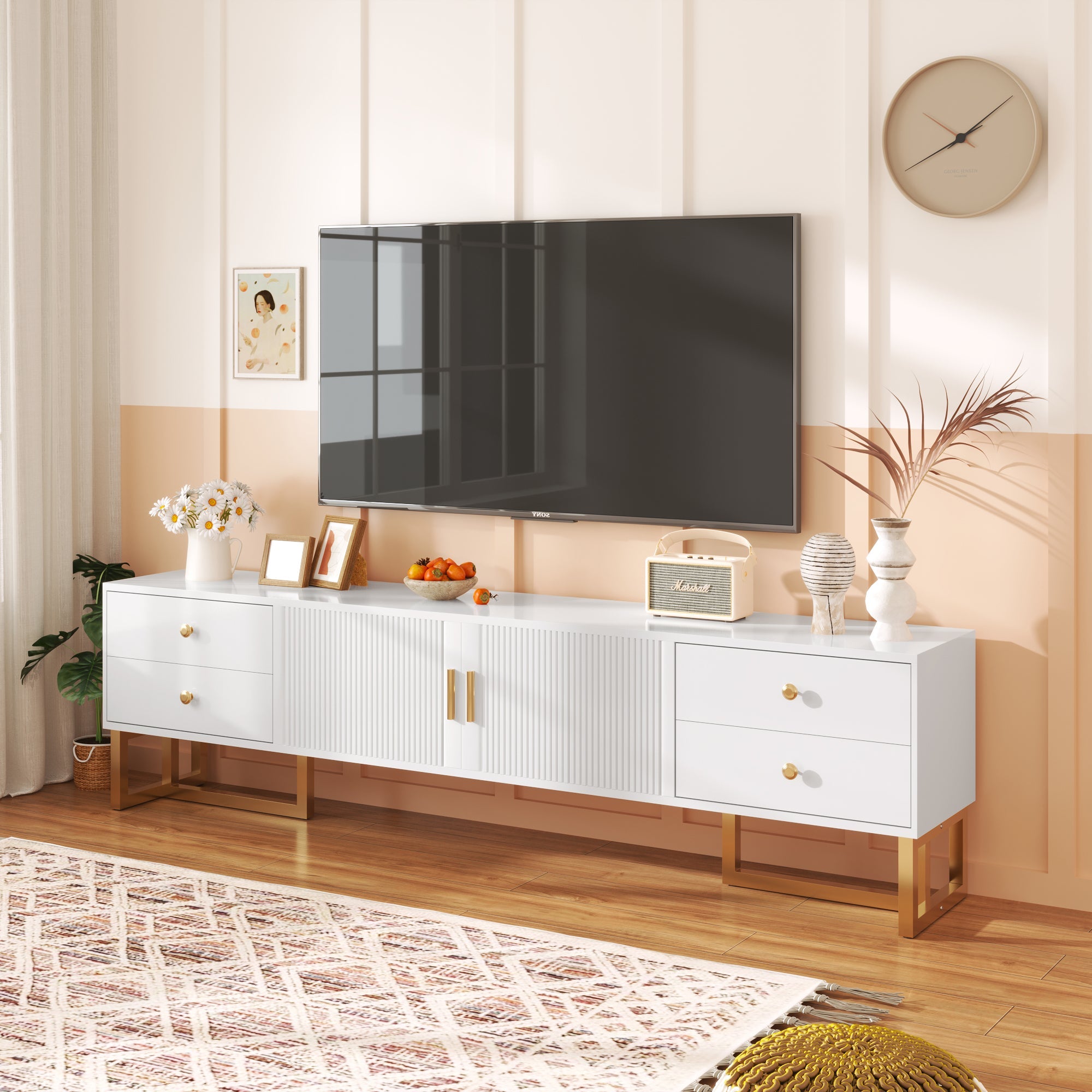 Logidon TV cabinet white with gold handles and feet 175 cm