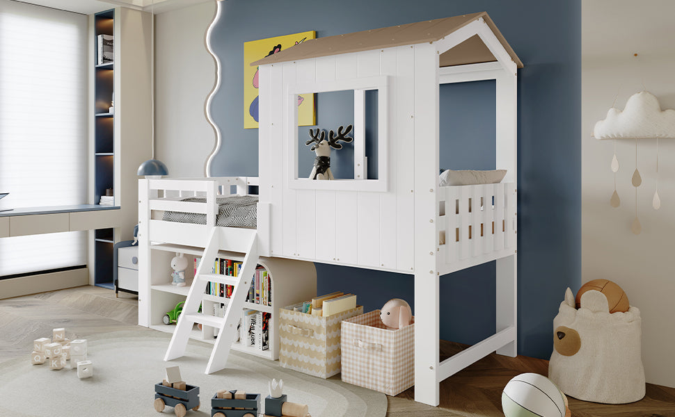 Logidon kinderbed halfhoogslaper met dakraam 90x200 wit naturel