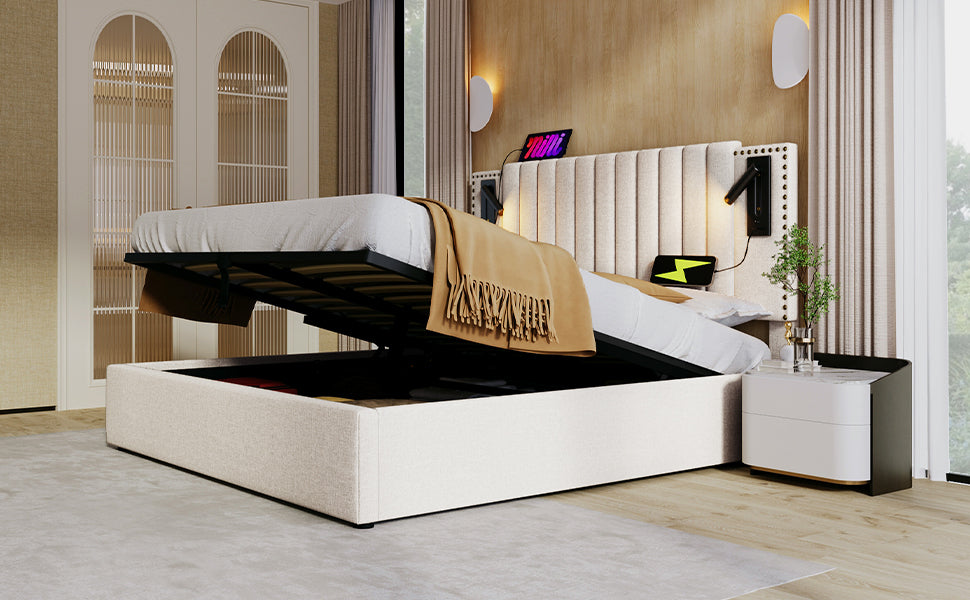 Logidon gestoffeerd bed 160x200 beige met opbergruimte en USB-leeslamp