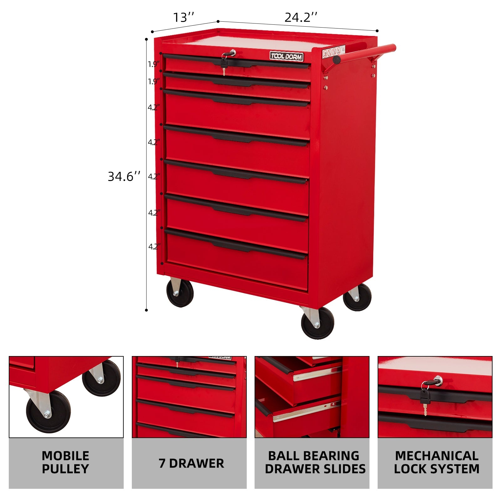 Logidon gereedschapswagen 7 laden, wielen, rood, lengte 615 millimeter