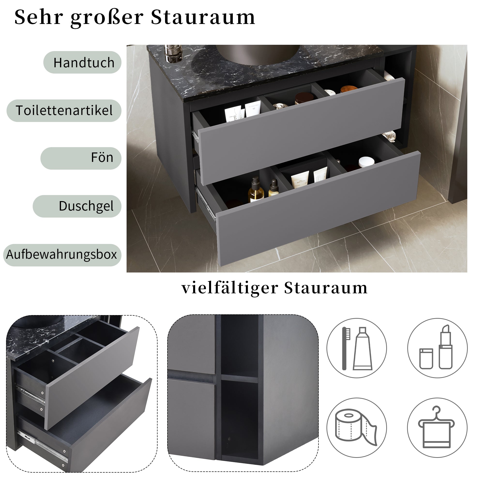 Logidon sink base cabinet hanging 80 cm black gray drawers