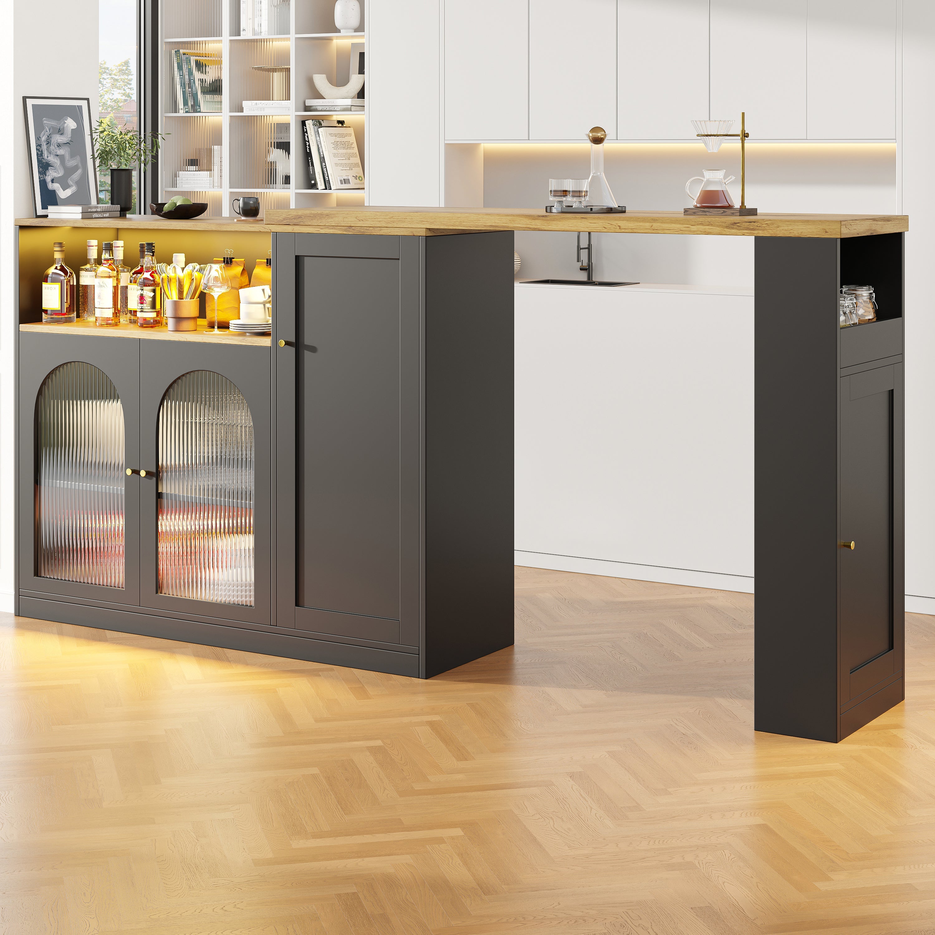 Logidon Draaibare Bartafel Mat Zwart 198x39x97 cm Met LED Glazen Deur