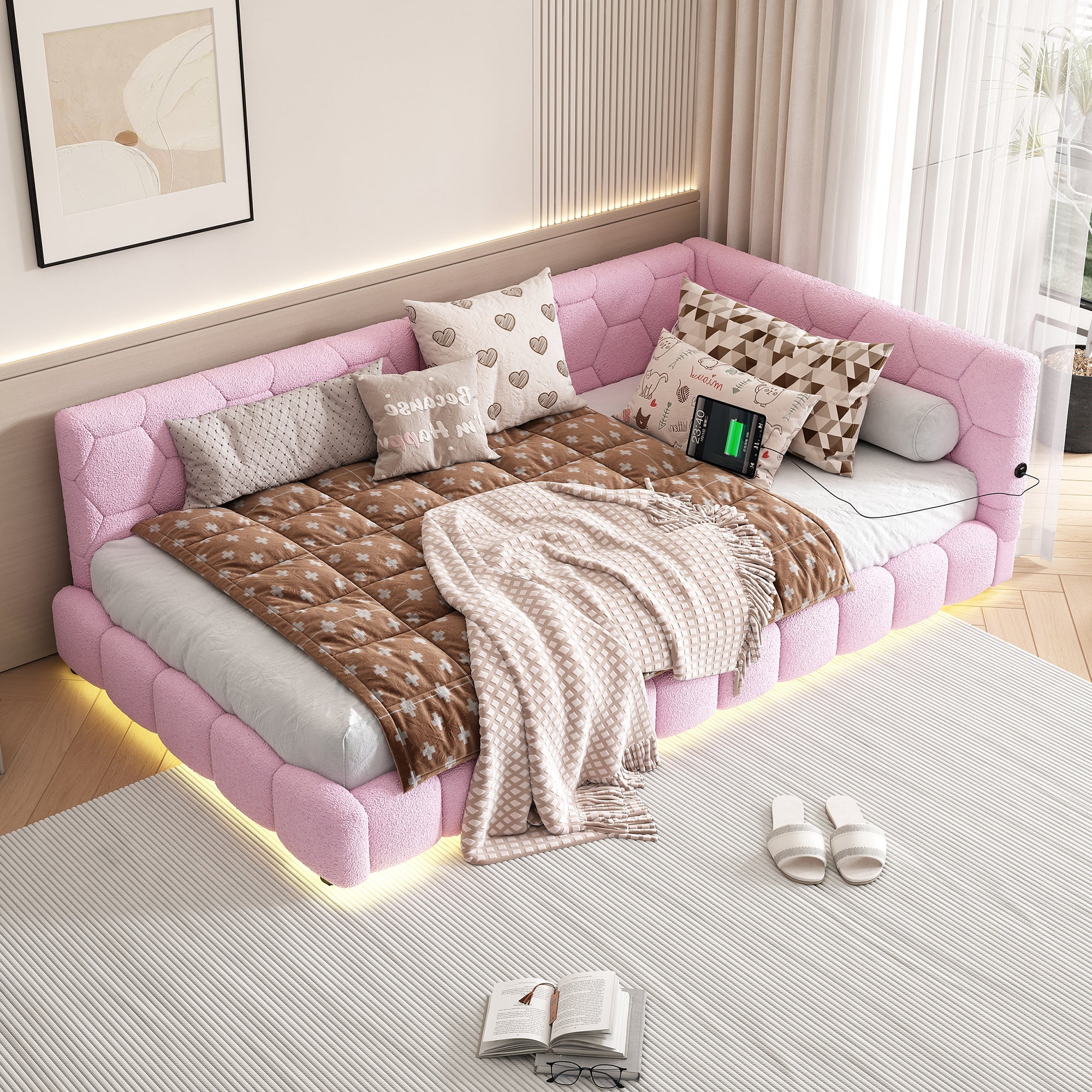 Logidon Daybed 90x200 roze slaapbank met USB TypeC lichte kleuren