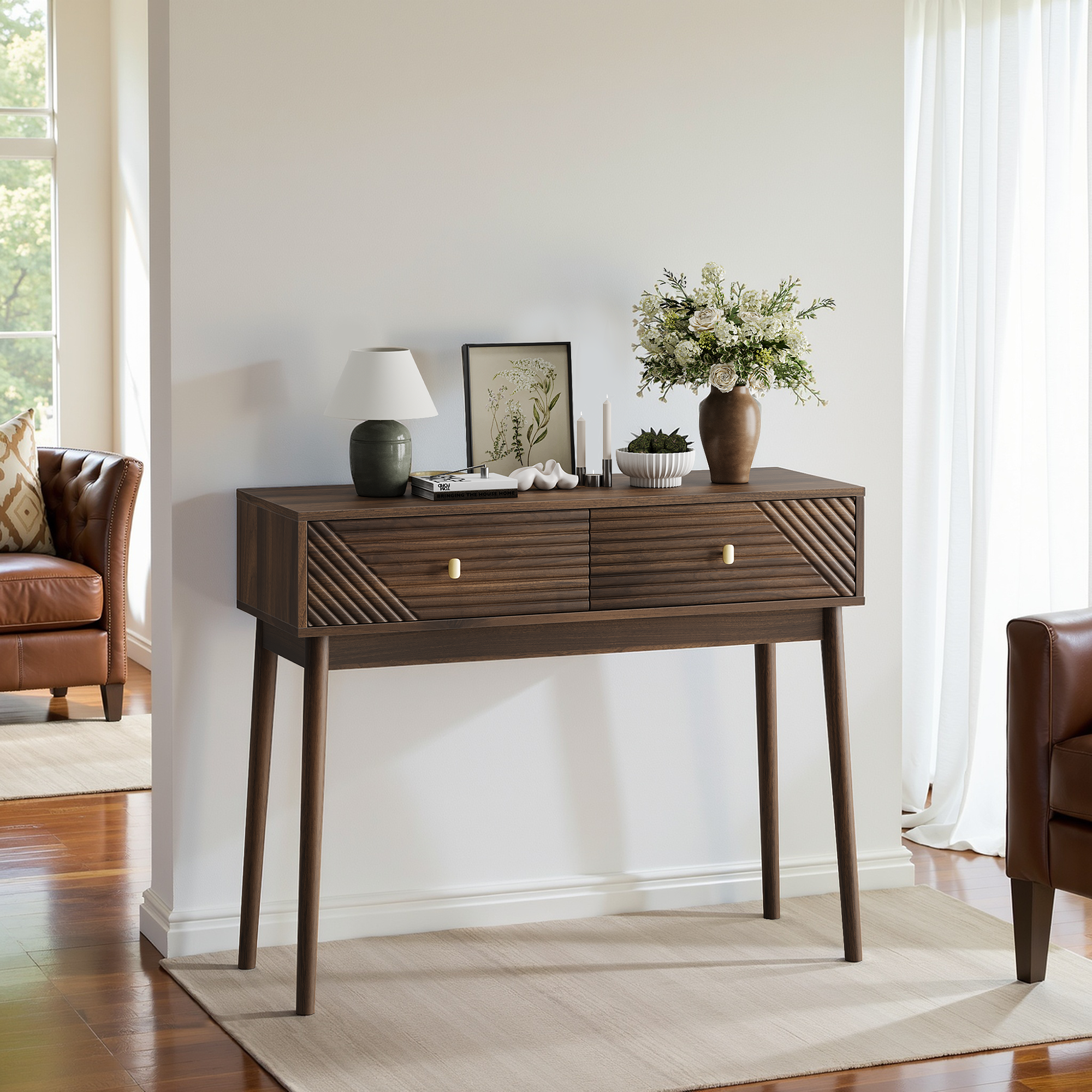 Logidon Consoletafel Walnoot 100x35x80 cm met Twee Laden