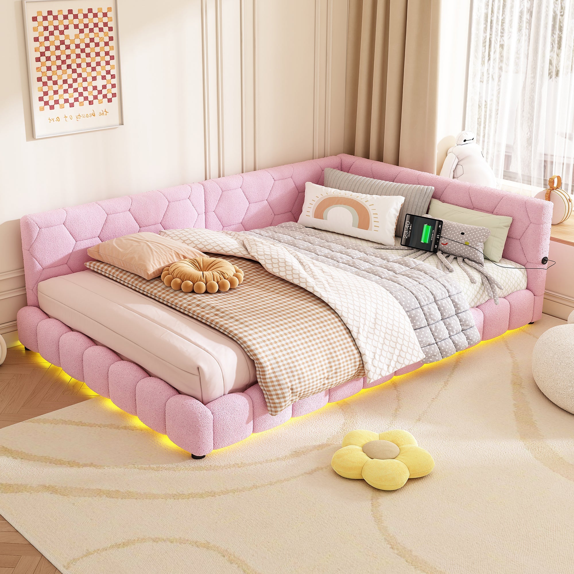 Logidon Daybed 140x200cm slaapbank roze fluweel met lattenbodem