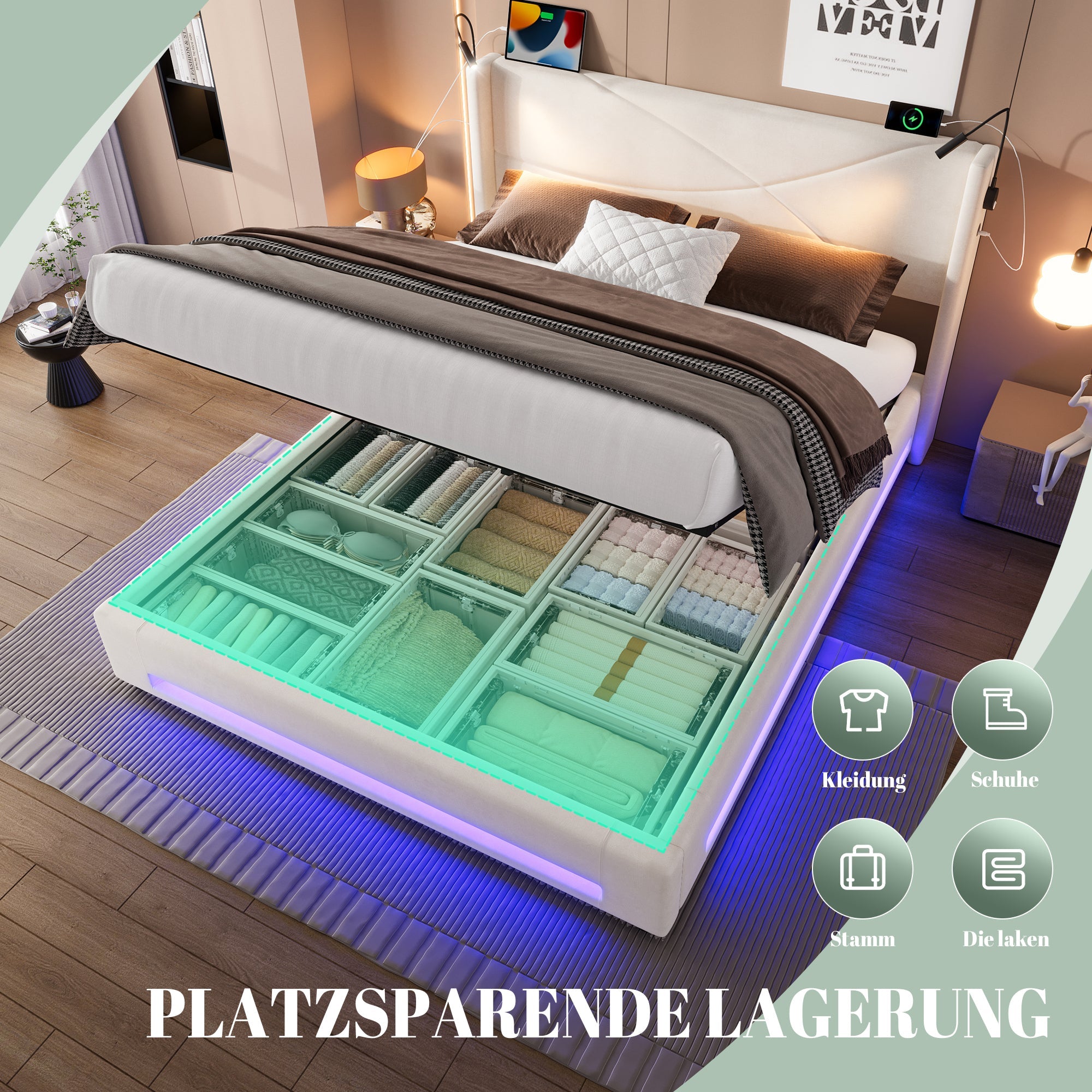 Logidon bedframe 160x200 cm beige fluweel met opbergruimte LED