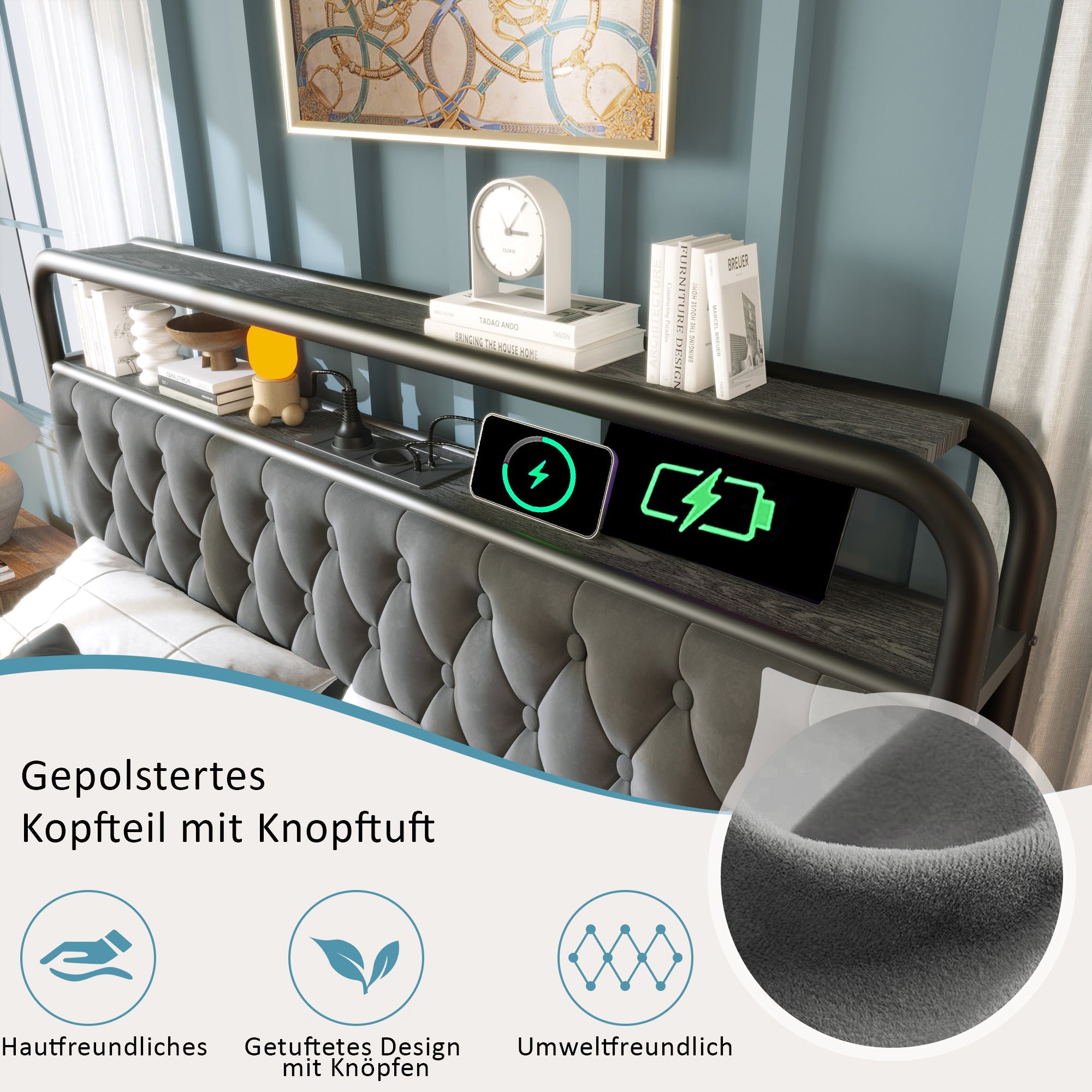 Logidon gestoffeerd bed tweepersoonsbed 160x200 fluweelgrijs USB-C oplaadfunctie LED