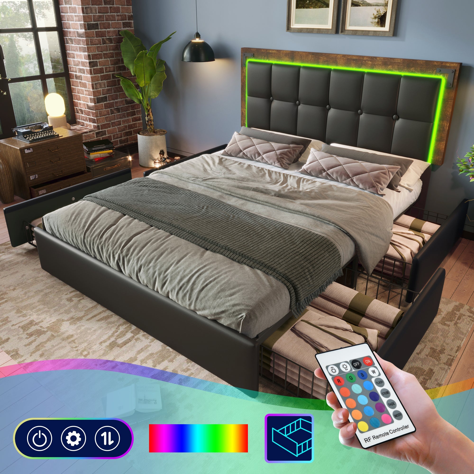 Logidon bedframe 140x200cm met LED-verlichting 4 lades zwart
