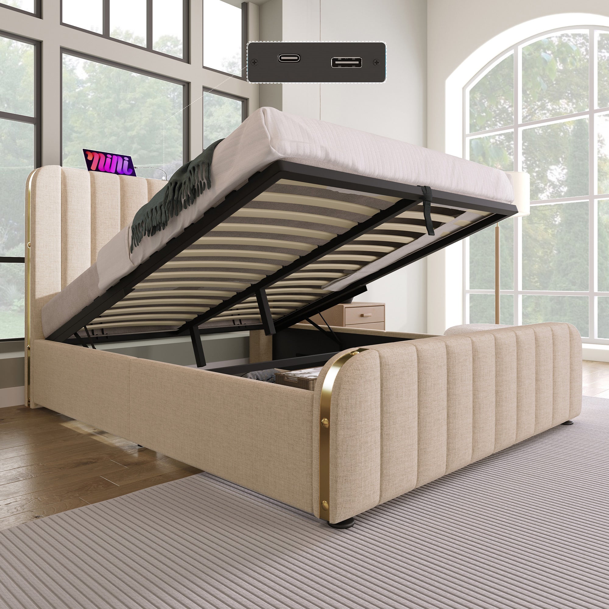 Logidon gestoffeerd bed 140x200 cm beige linnen USB Type-C oplaadfunctie hoofdeinde