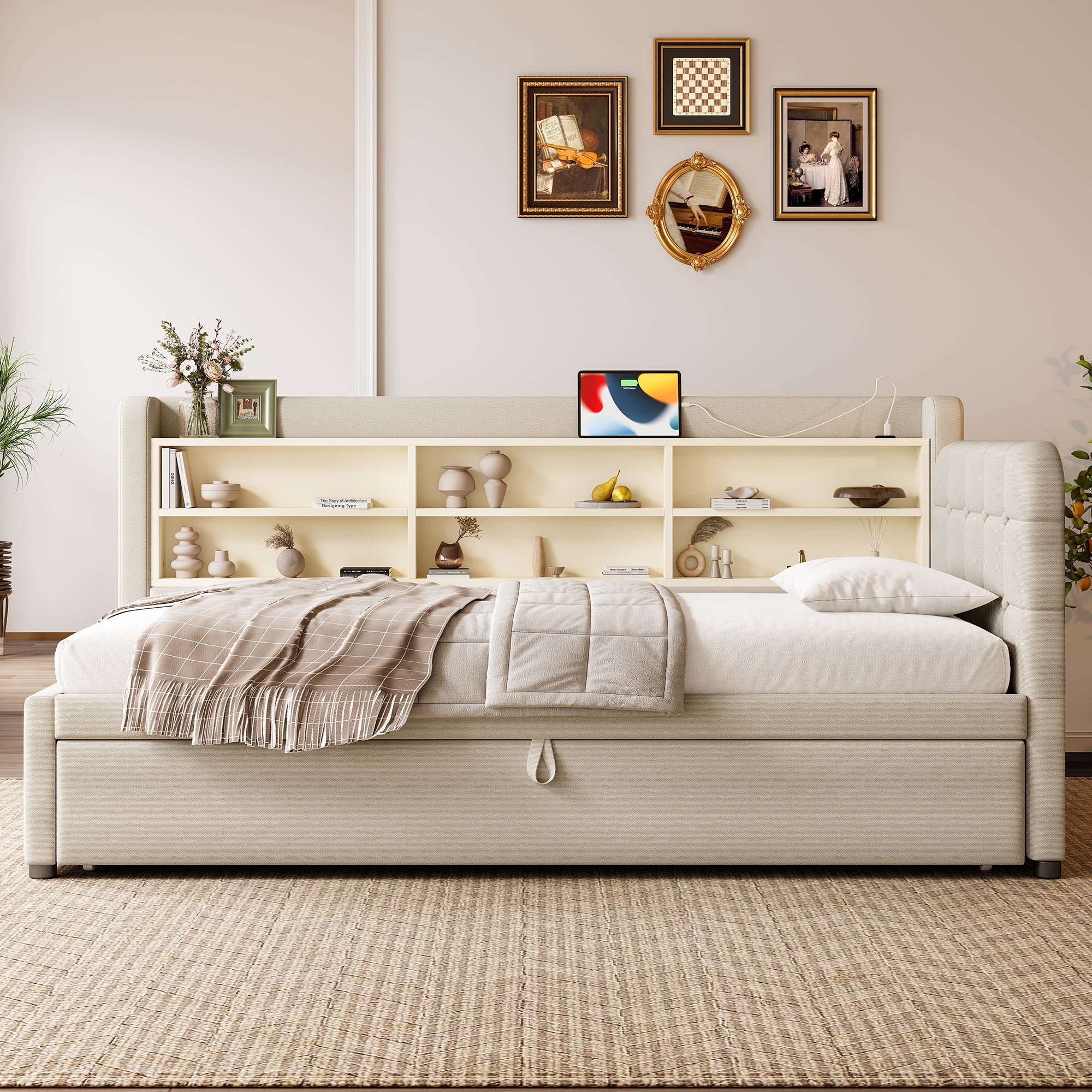 Logidon Daybed 90x200 beige linnen uitschuifbare slaapbank USB Type C