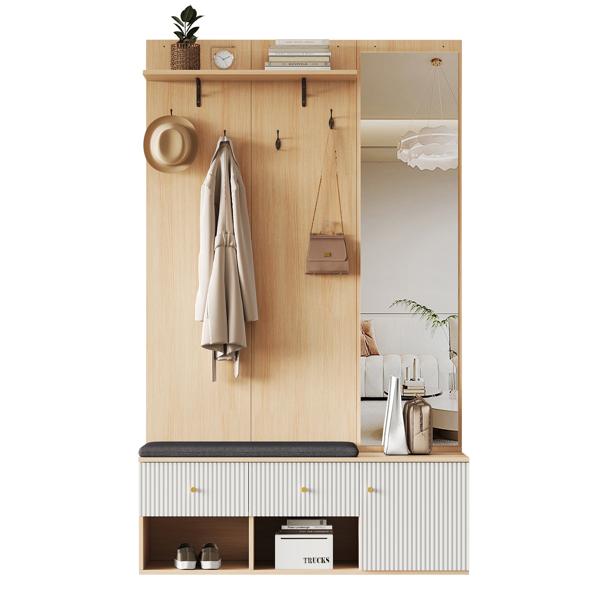 Logidon garderobekast 120x40x200 cm spiegel schoenenbank wit hout