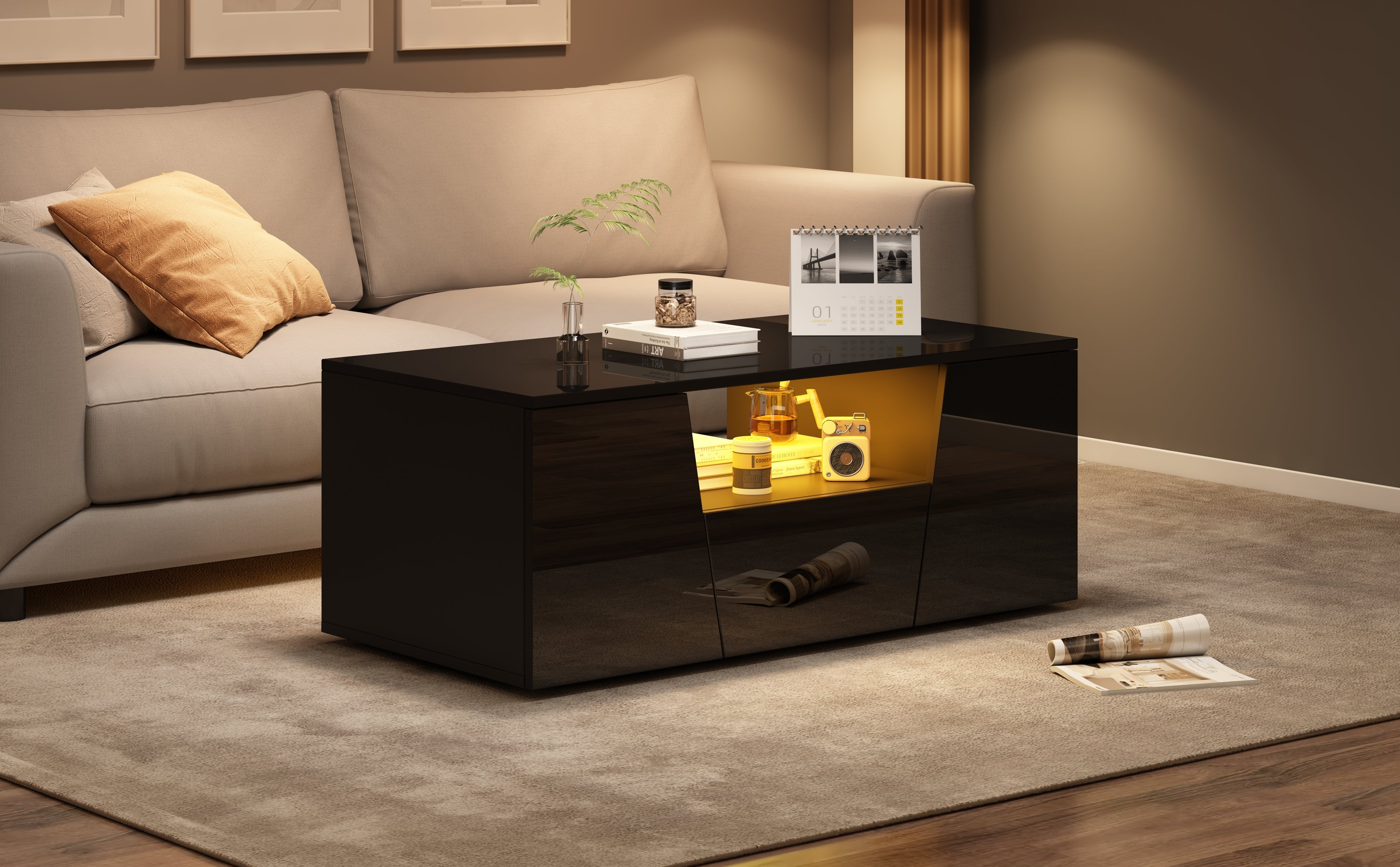 Logidon coffee table 100x50x40 cm black with LED 2 cabinets 1 drawer