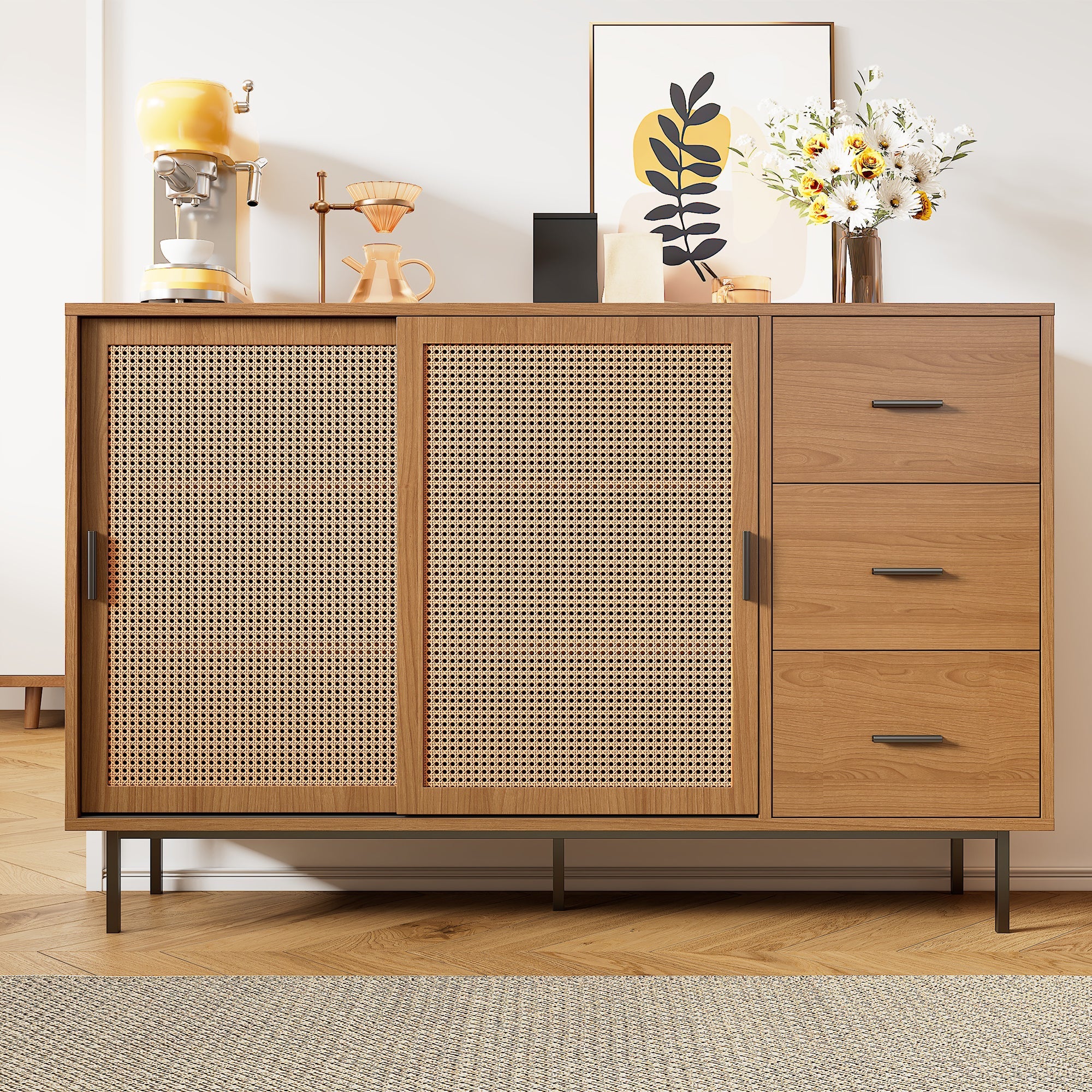Logidon dressoir naturel 140x37x91cm met 2 schuifdeuren en 3 lades