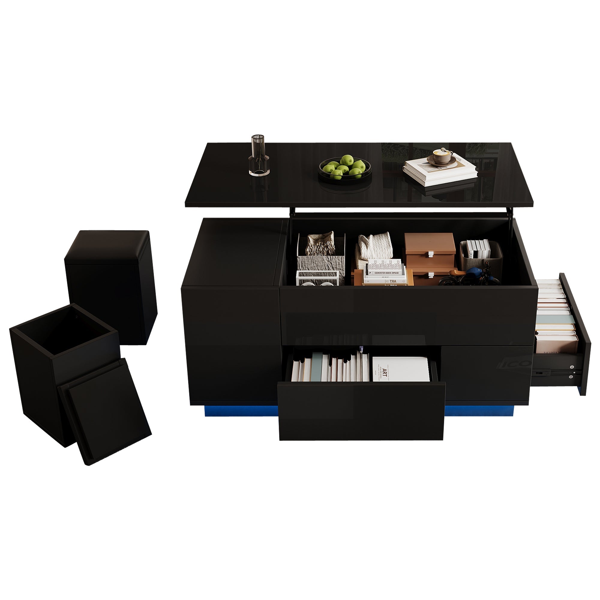 Logidon 4-in-1 in hoogte verstelbare salontafel zwart 100x50x45 cm LED