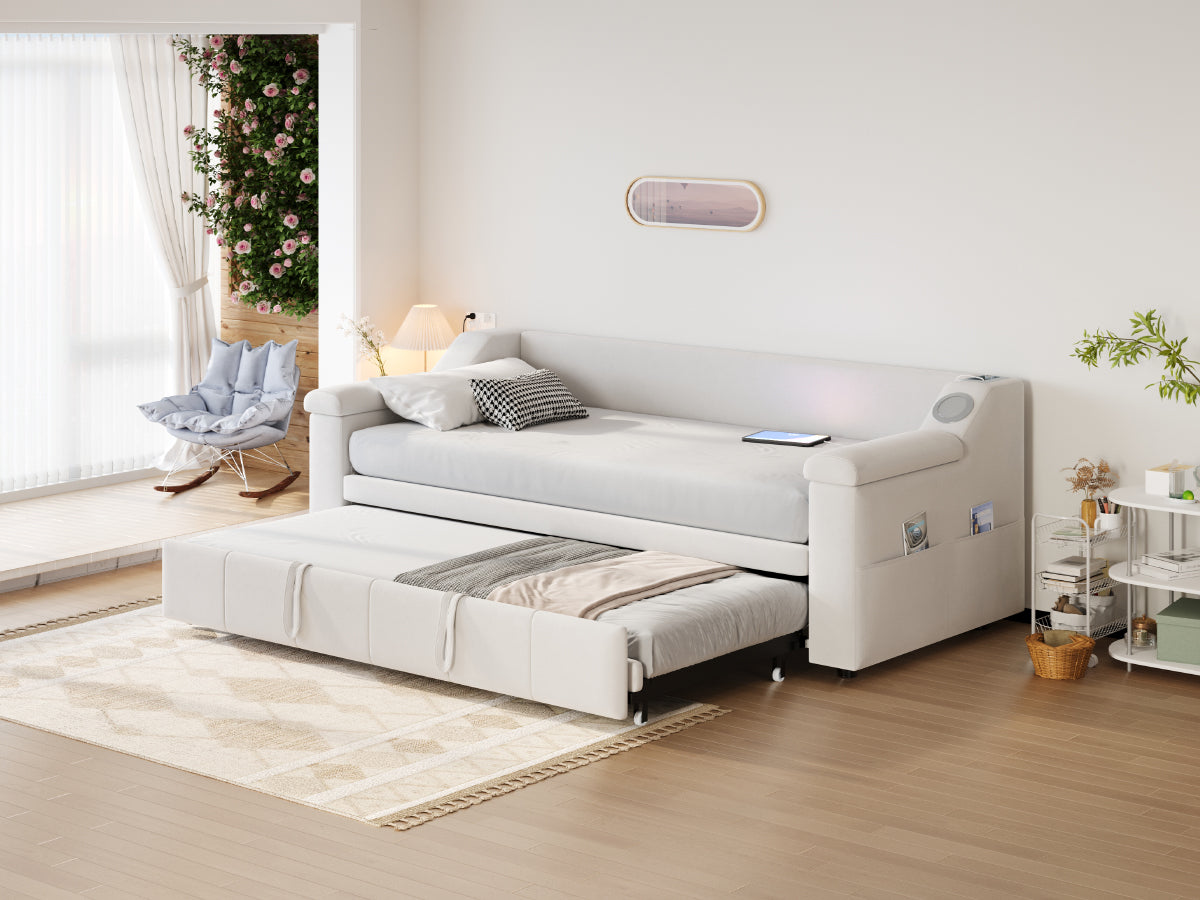 Logidon slaapbank gestoffeerd bed 90/180x190 beige fluweel Bluetooth