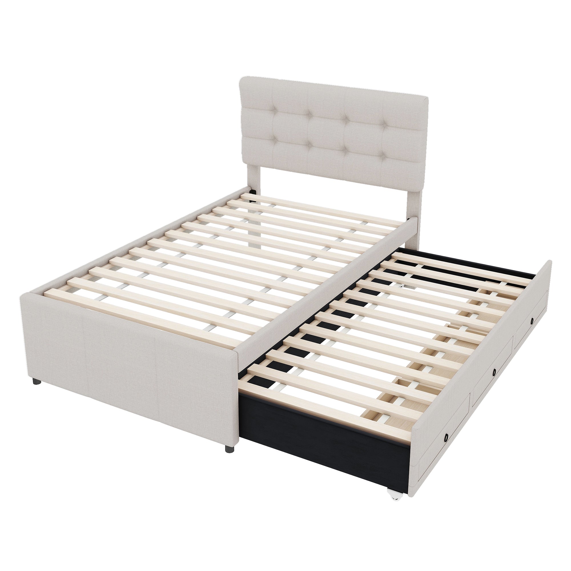 Logidon gestoffeerd bed 90x200 beige uitschuifbaar onderschuifbed 3 lades