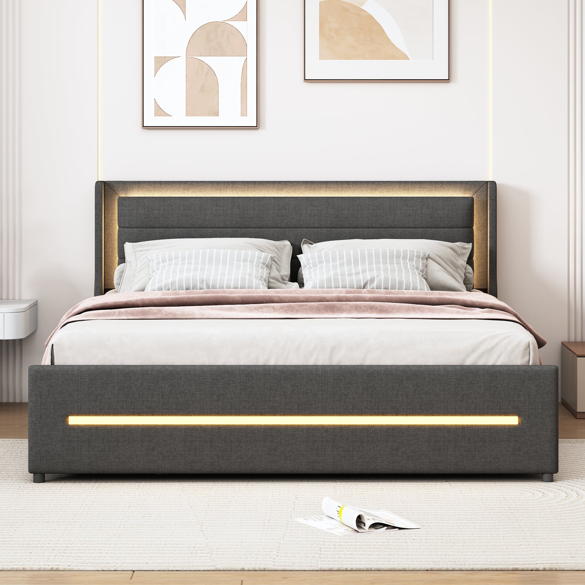 Logidon gestoffeerd bed 160x200 grijze kleur veranderende LED vier opbergvakken