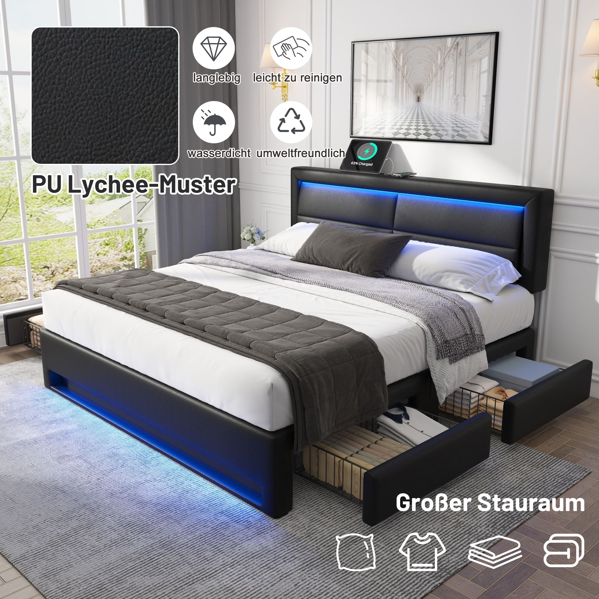 Logidon bed 140x190 cm met USB LED 4 lades zwart