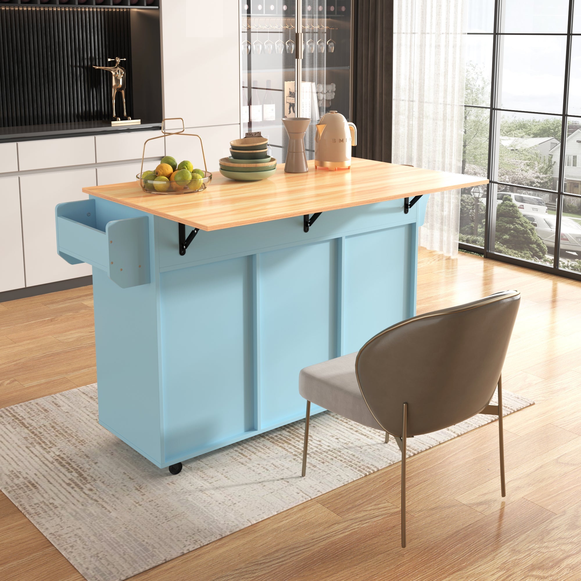 Logidon Eetwagen Blauw Massief Houten Werkblad Opvouwbaar 139x46x91,5 cm