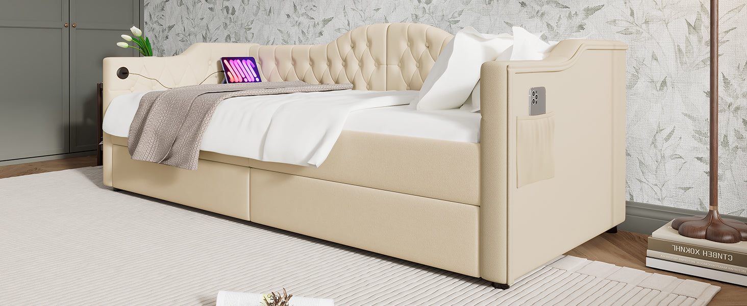 Logidon gestoffeerde slaapbank 90x200 beige USB-oplaadfunctie 2 compartimenten
