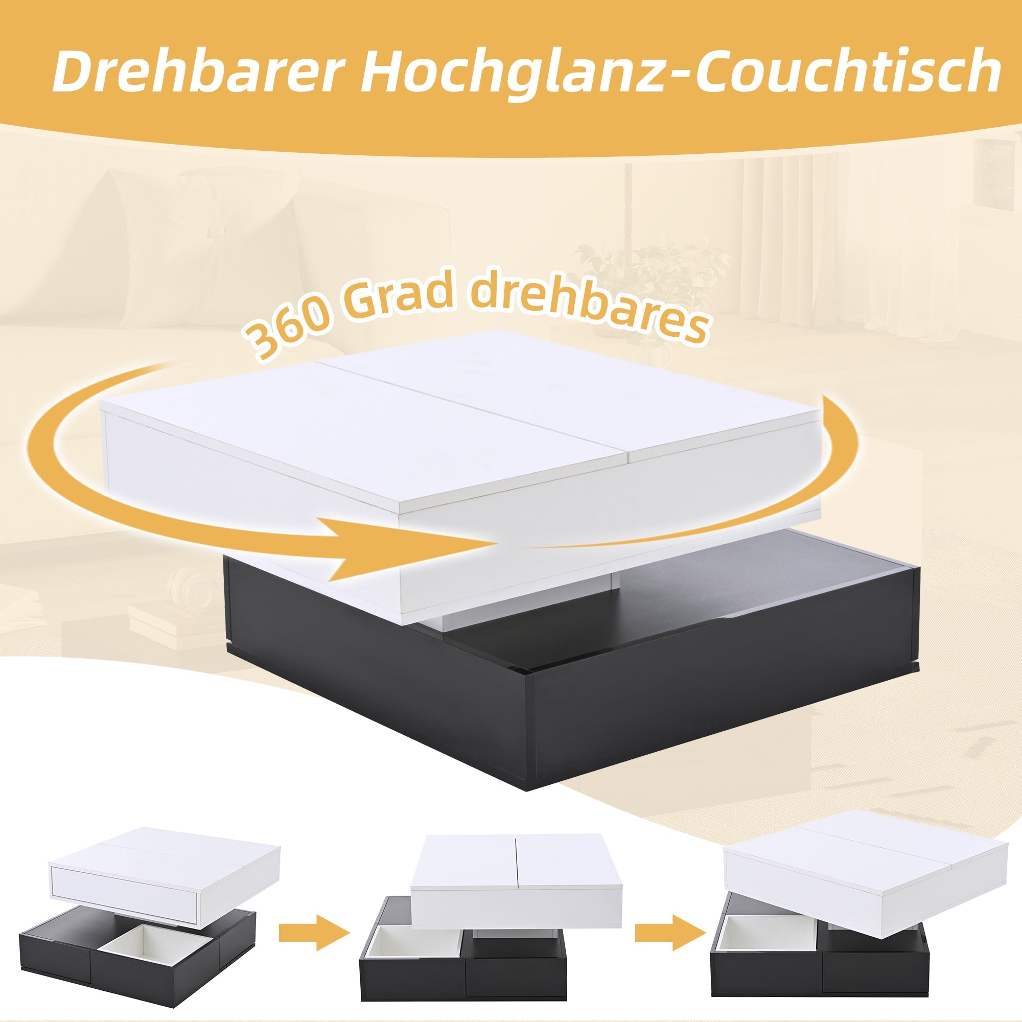 Logidon salontafel 70x70 hefblad 360 graden draaibaar 3 lades wit
