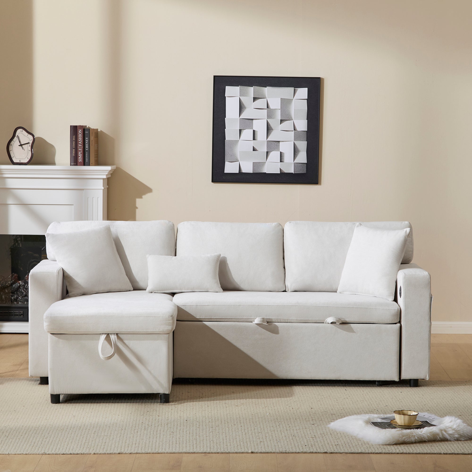 Logidon corner sofa bed L-shape extendable beige with bed box shelf