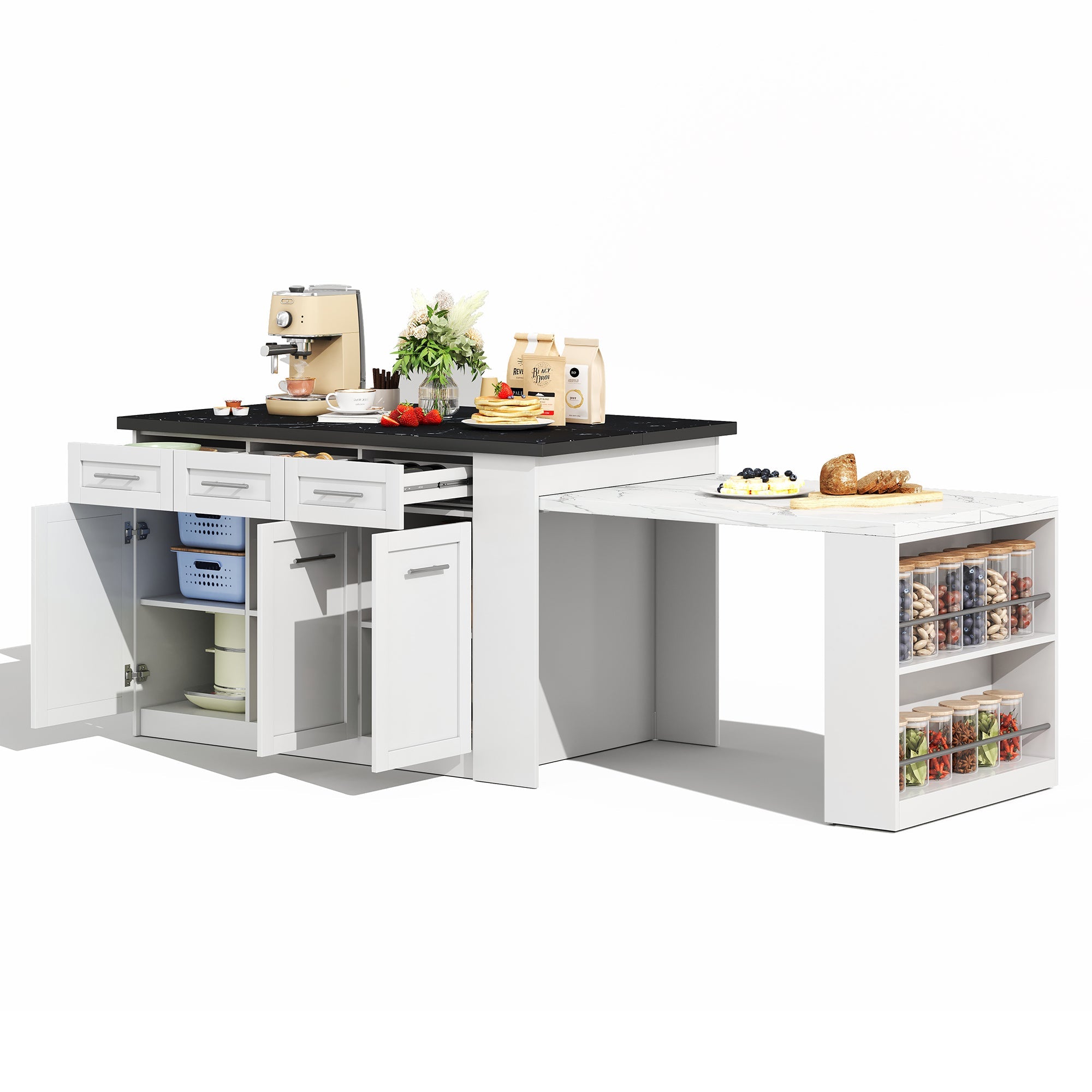 Logidon keukeneiland 150x96 cm wit met marmeren blad uitschuifbare eettafel