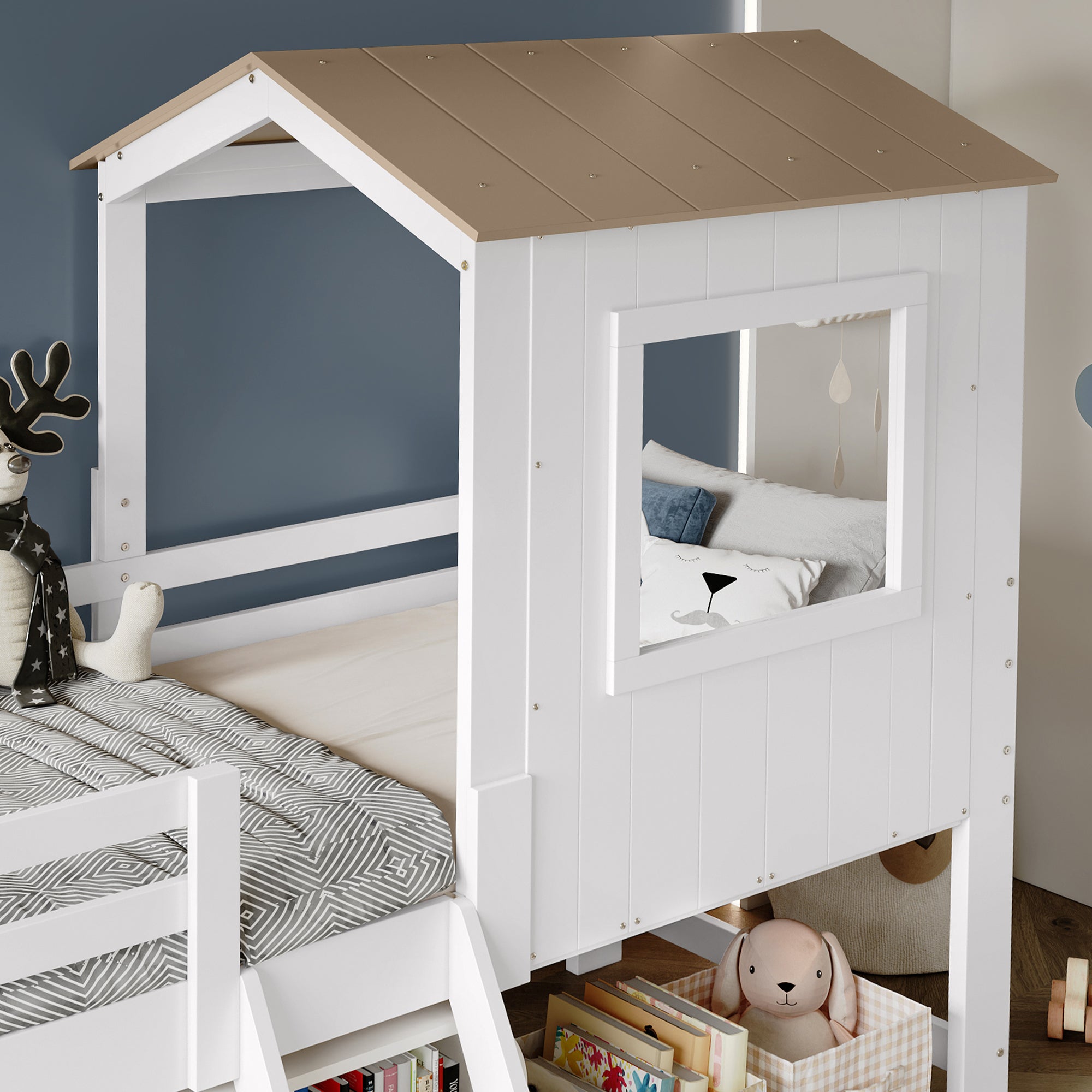 Logidon kinderbed halfhoogslaper met dakraam 90x200 wit naturel