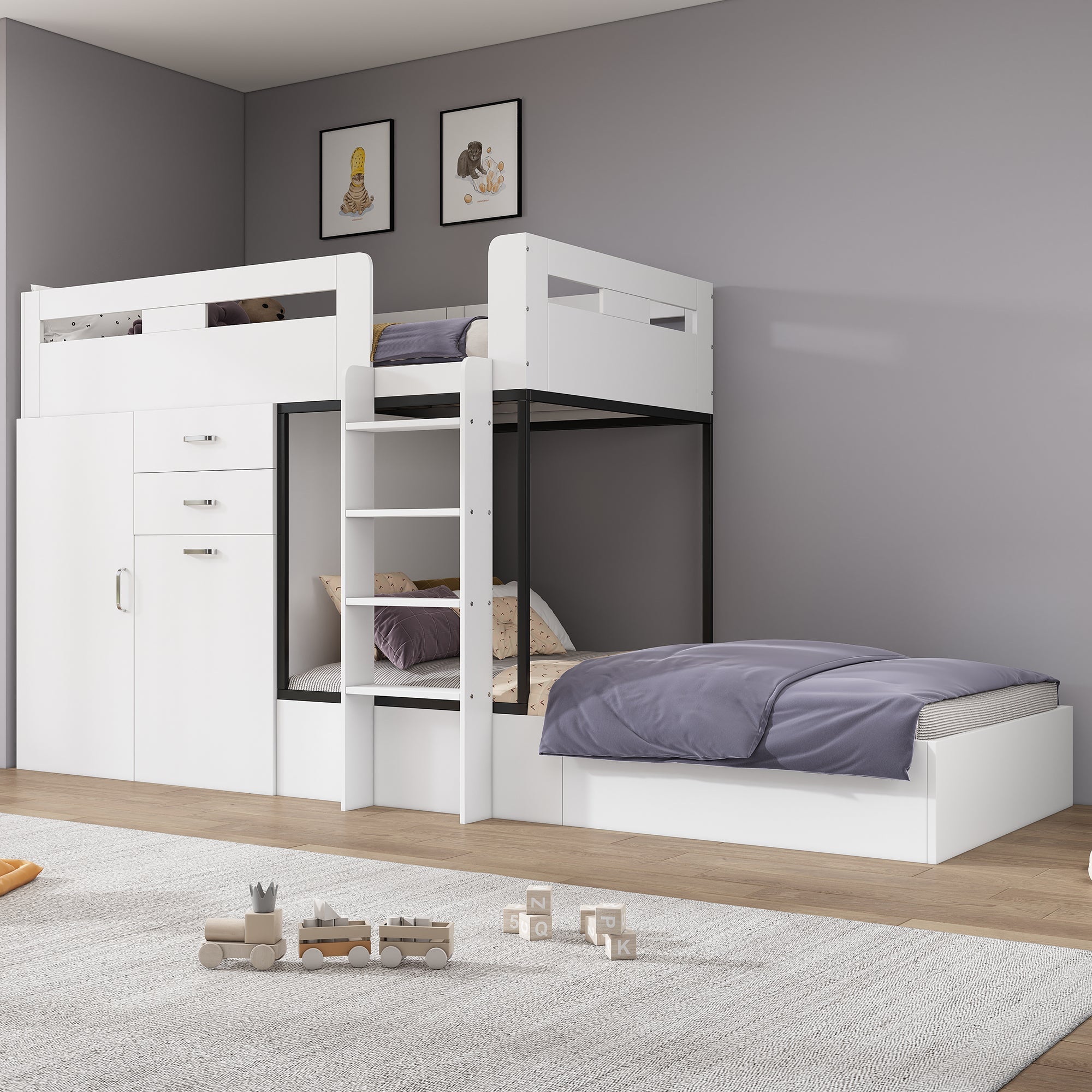Logidon stapelbed met uitschuifbaar bureau en kledingkast wit 90x200