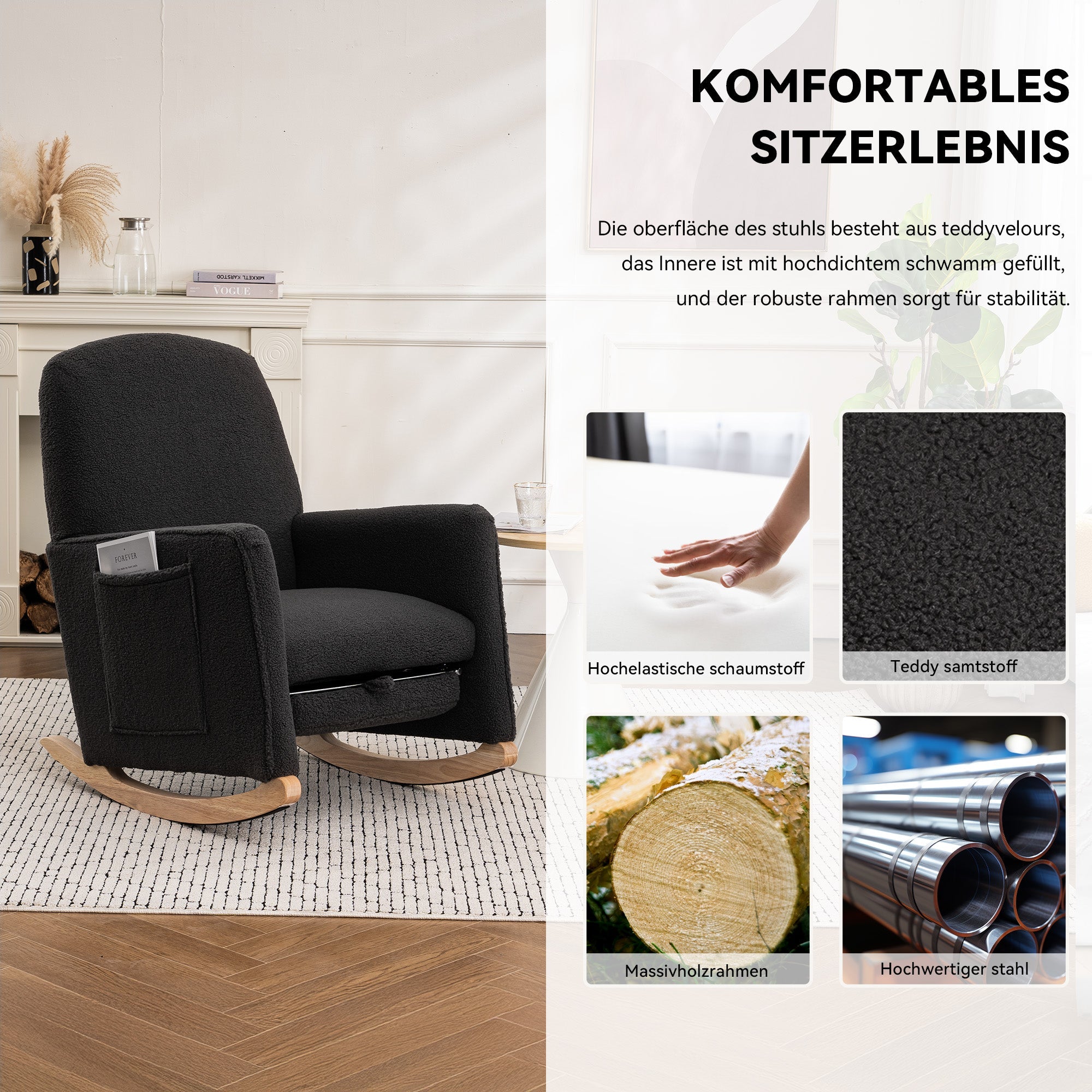Logidon Schommelstoel Met Kruk Donkergrijze Teddystof