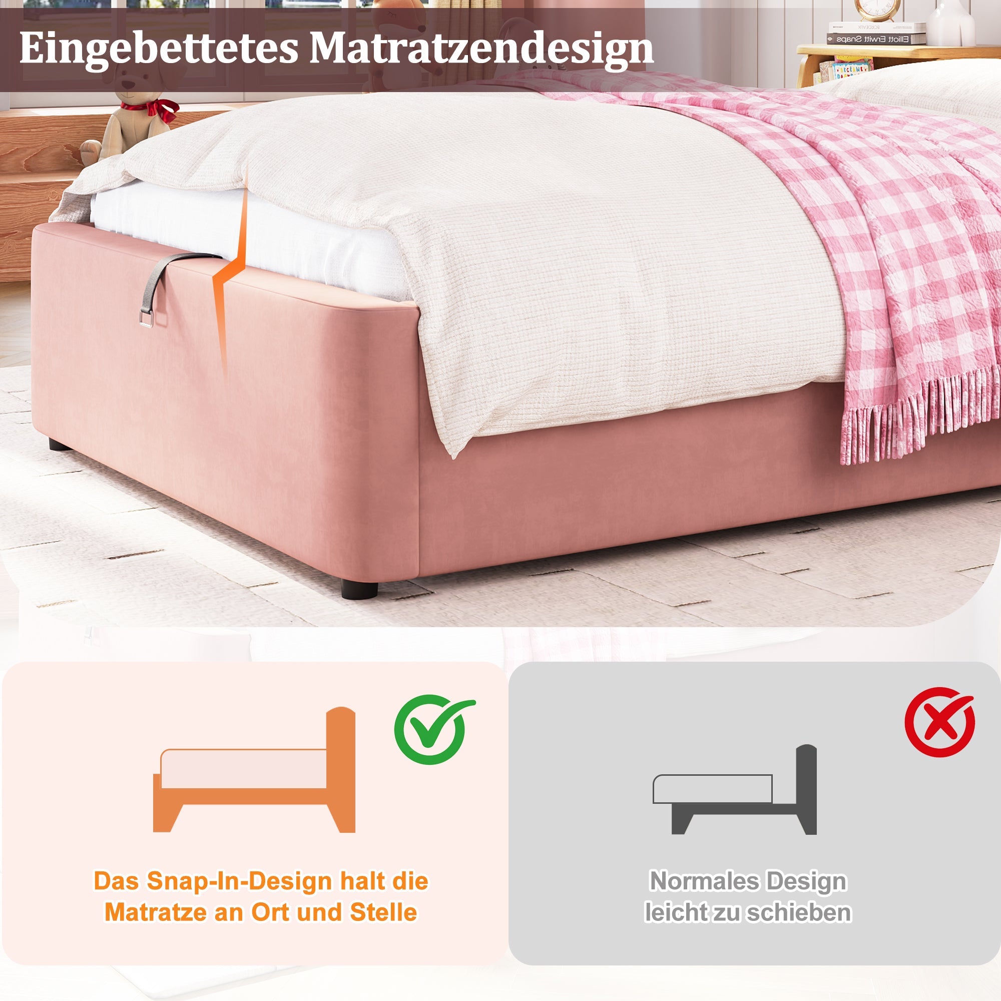 Logidon gestoffeerd bed 90x200 roze hydraulisch met opbergruimte fluweel