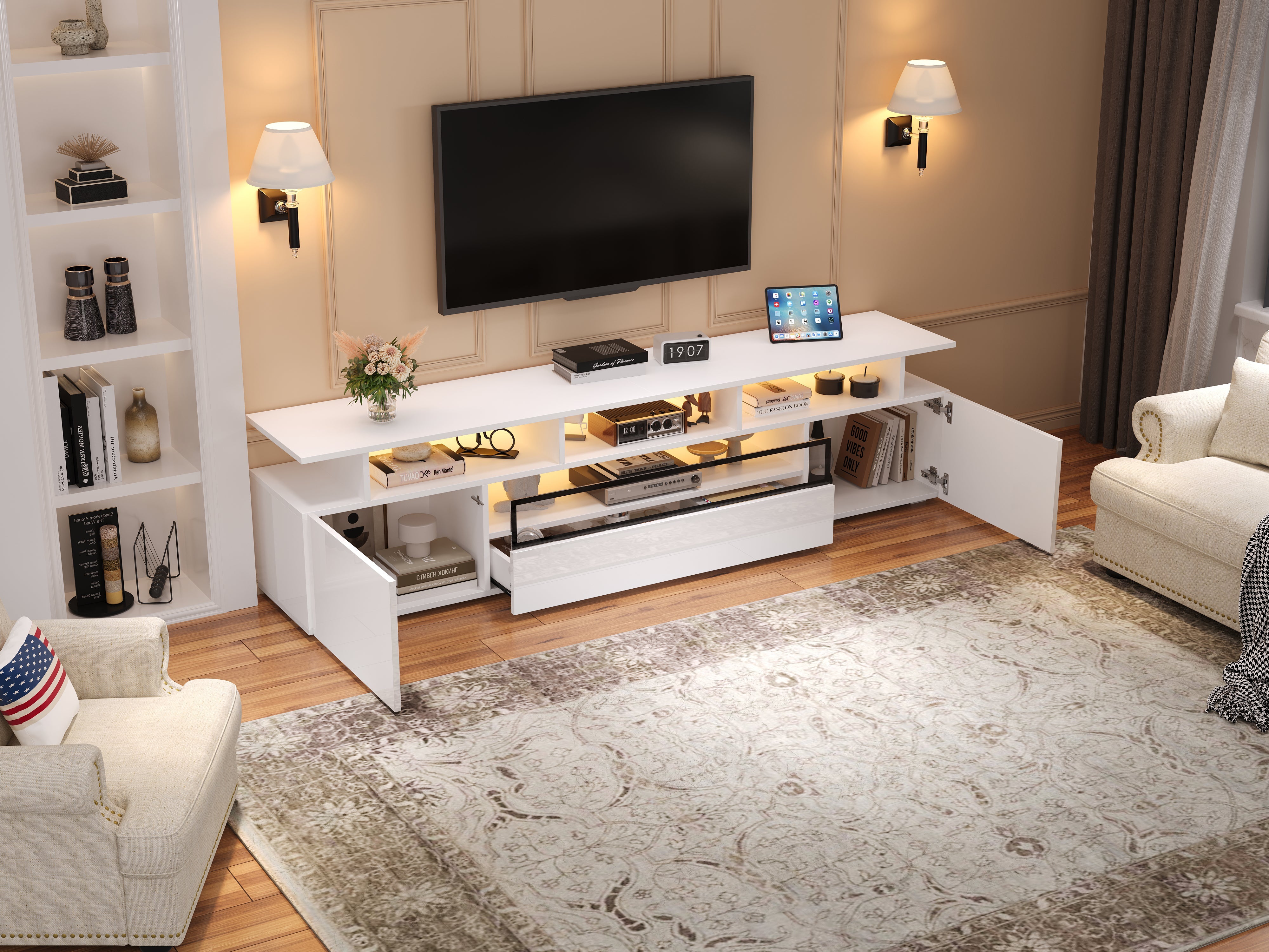 Logidon TV-meubel wit 180x38x45 cm met LED-verlichting 2 deuren 1 lade