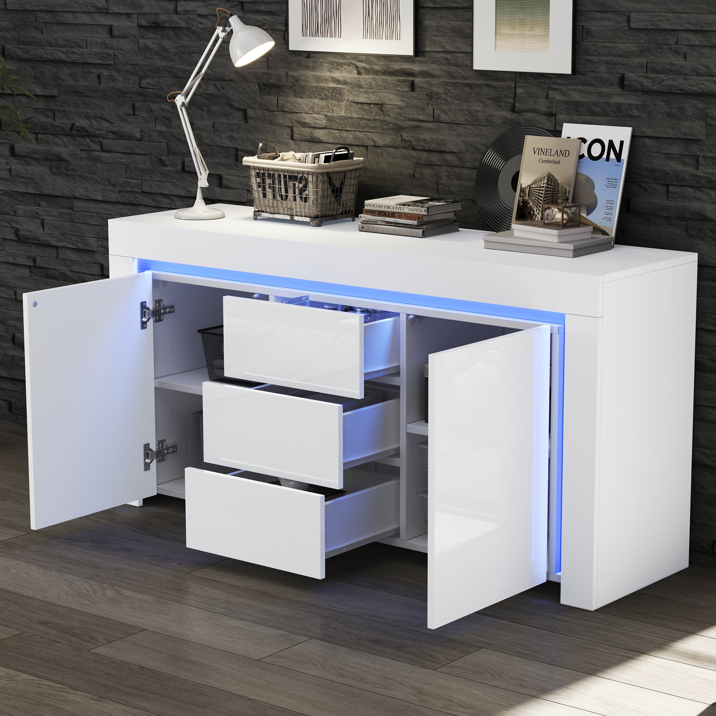 Logidon wit hoogglans dressoir 140x40x65 cm met LED verlichting