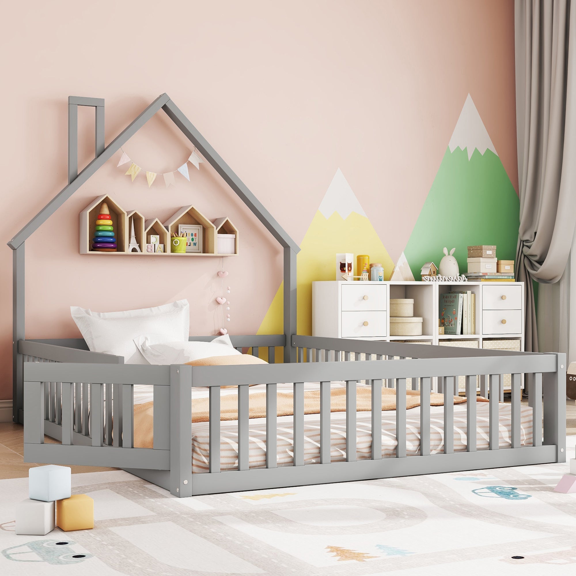 Logidon gestoffeerd bed 140x200 grijs kinderbed in schouwvorm