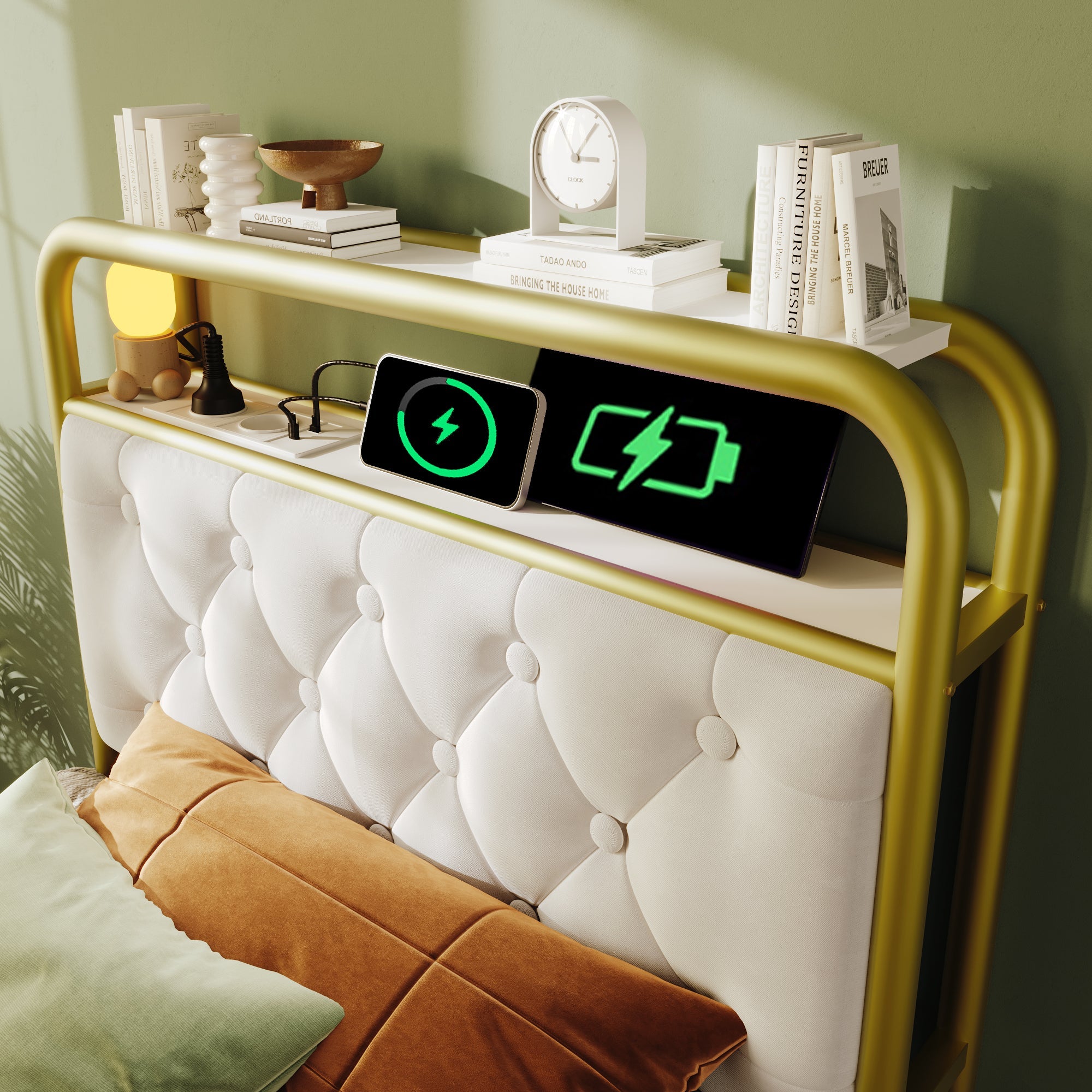 Logidon upholstered bed 90x200 USB C charging function LED white velvet drawers