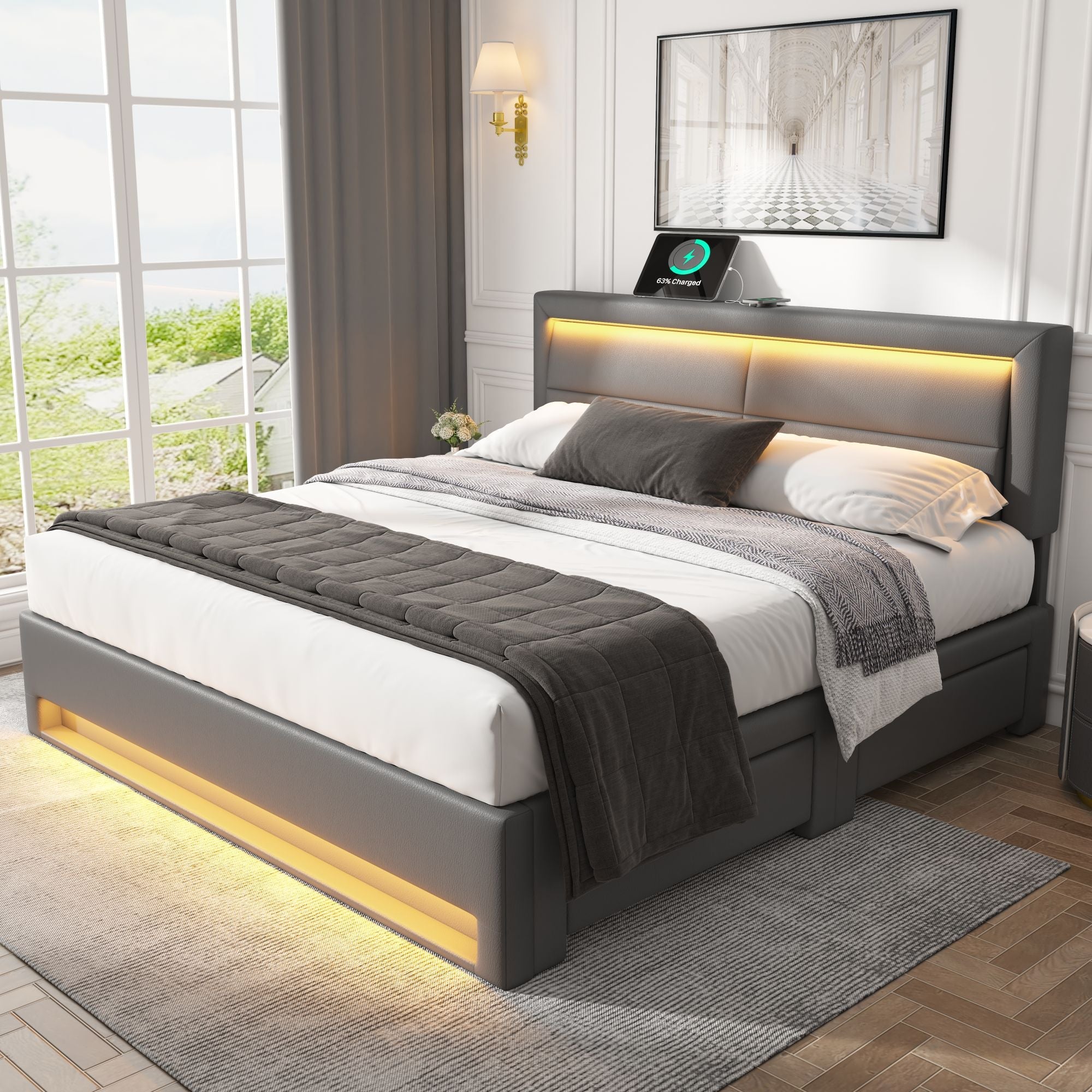 Logidon gestoffeerd bed 140x200 grijs met USB oplaadpoort LED verlichting 4 lades