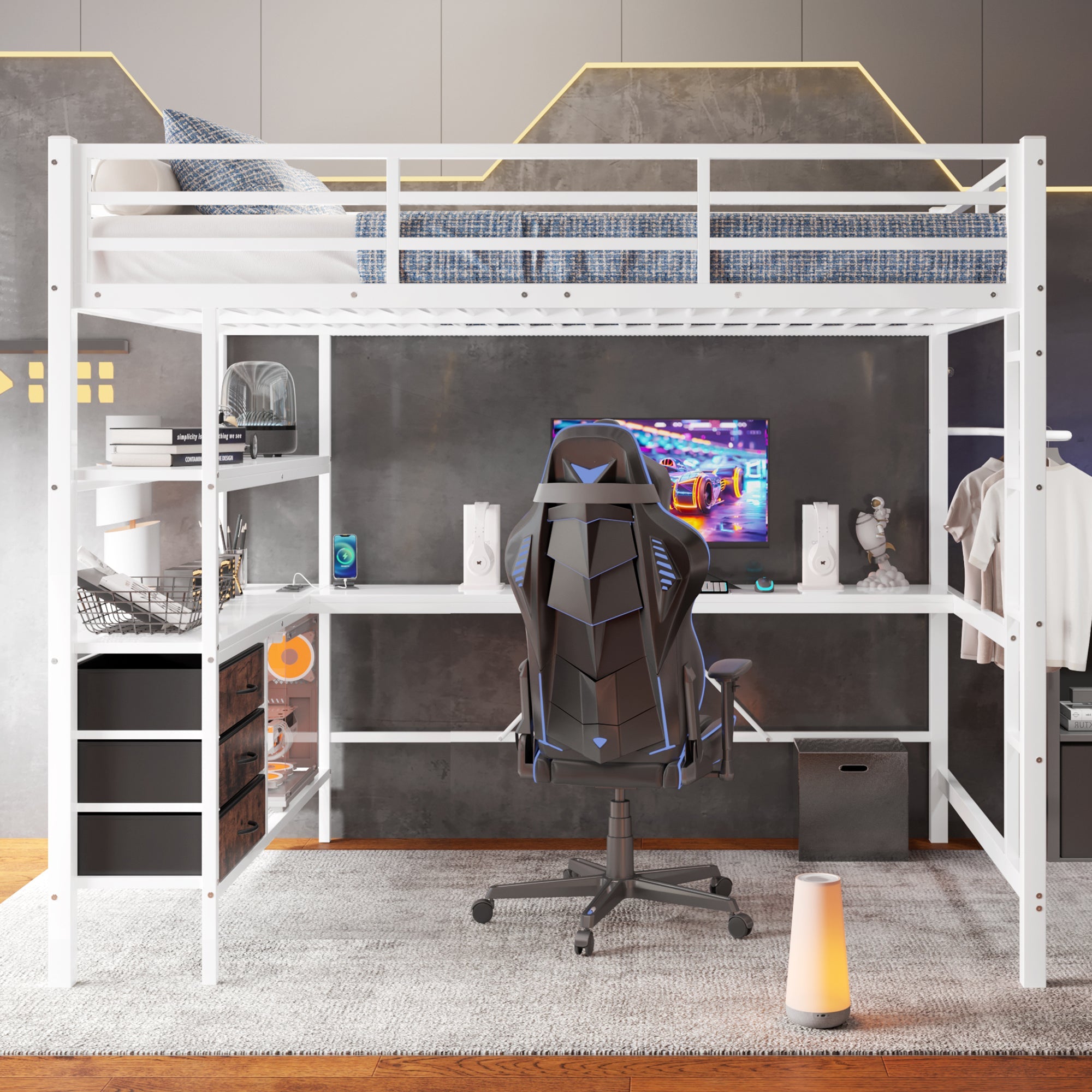 Logidon loft bed 140x200 with LED lighting USB socket 3 drawers