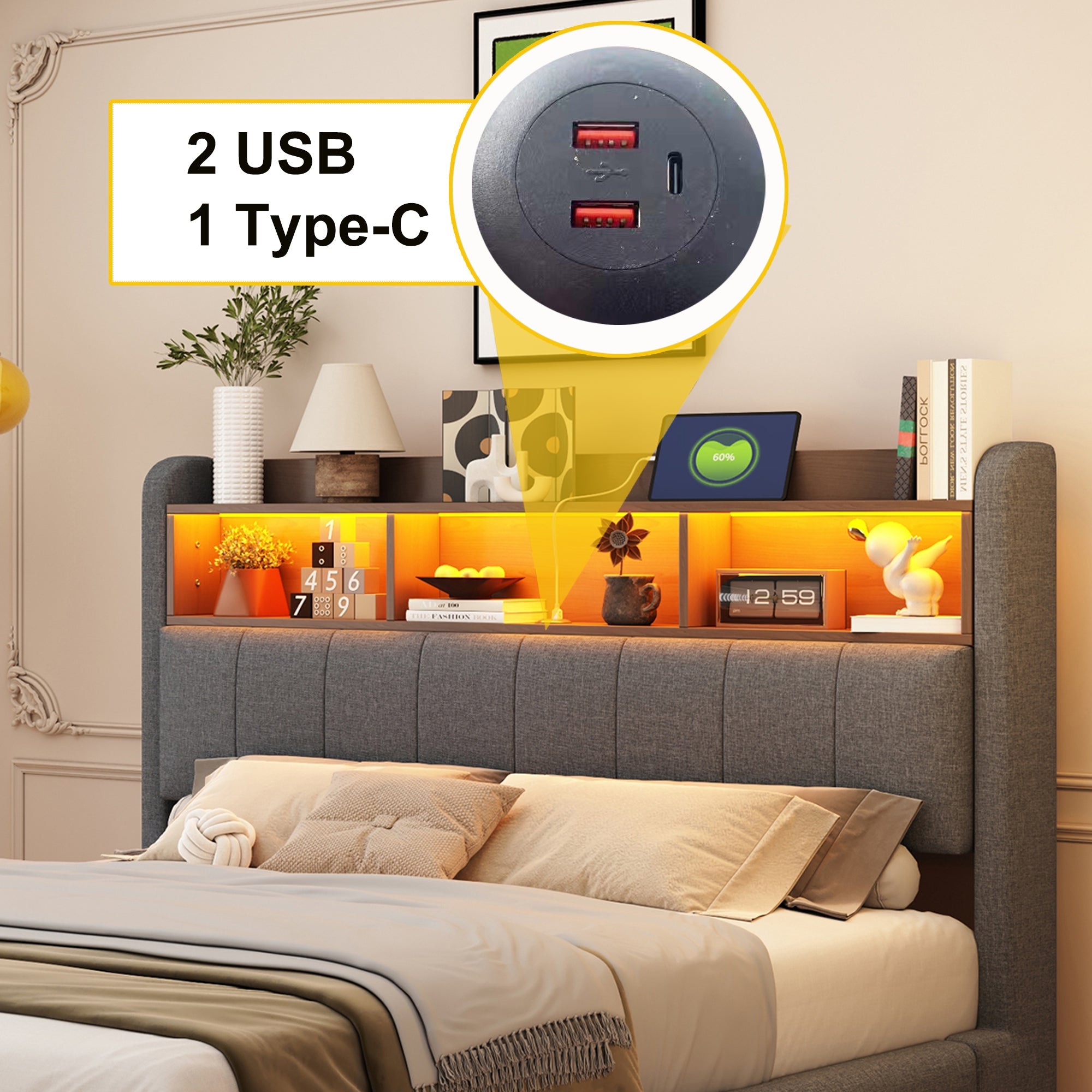 Logidon hangend gestoffeerd bed 160x200 grijs met LED-licht USB TypeC