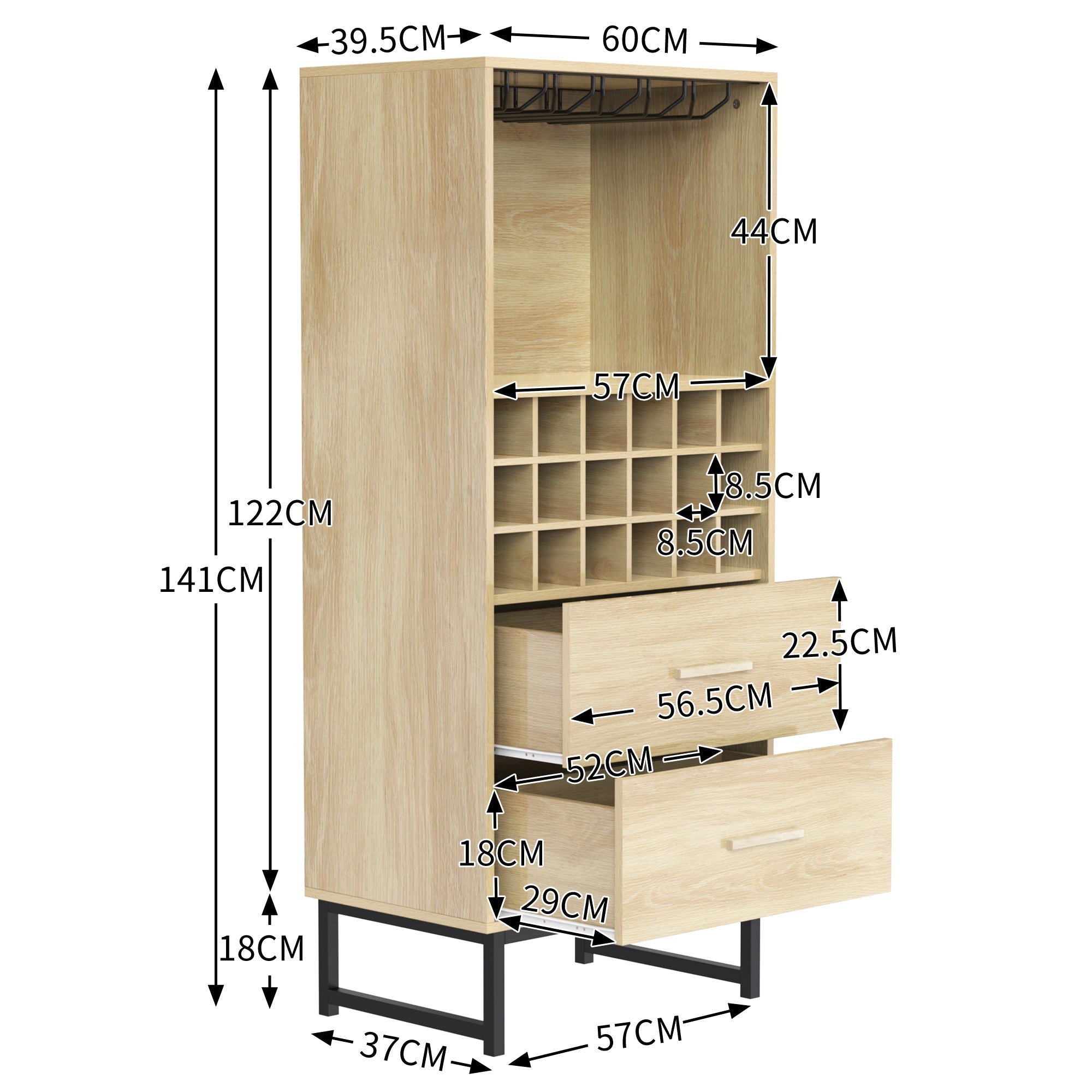 Logidon wijnkast dressoir houtlook 60x39,5x141 cm 18 vakken