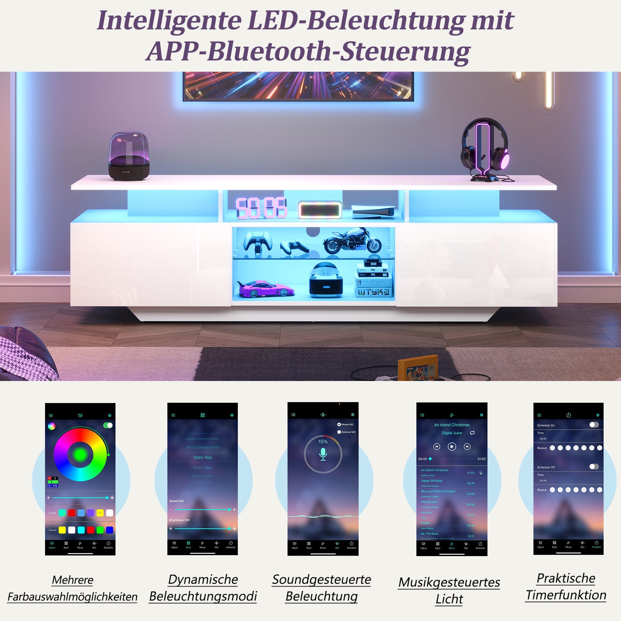 Logidon TV-meubel hoogglans wit 160 x 40 x 45 cm met LED lichtstrip glasplanken