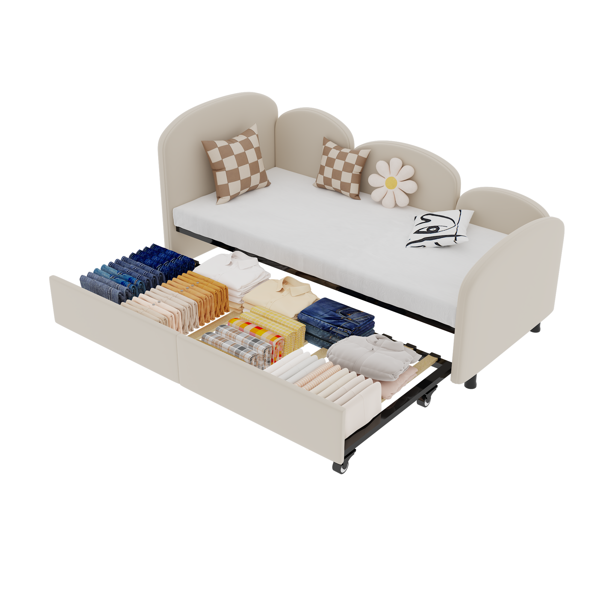 Logidon 2-persoonsbed, gestoffeerd met lades fluweelbeige