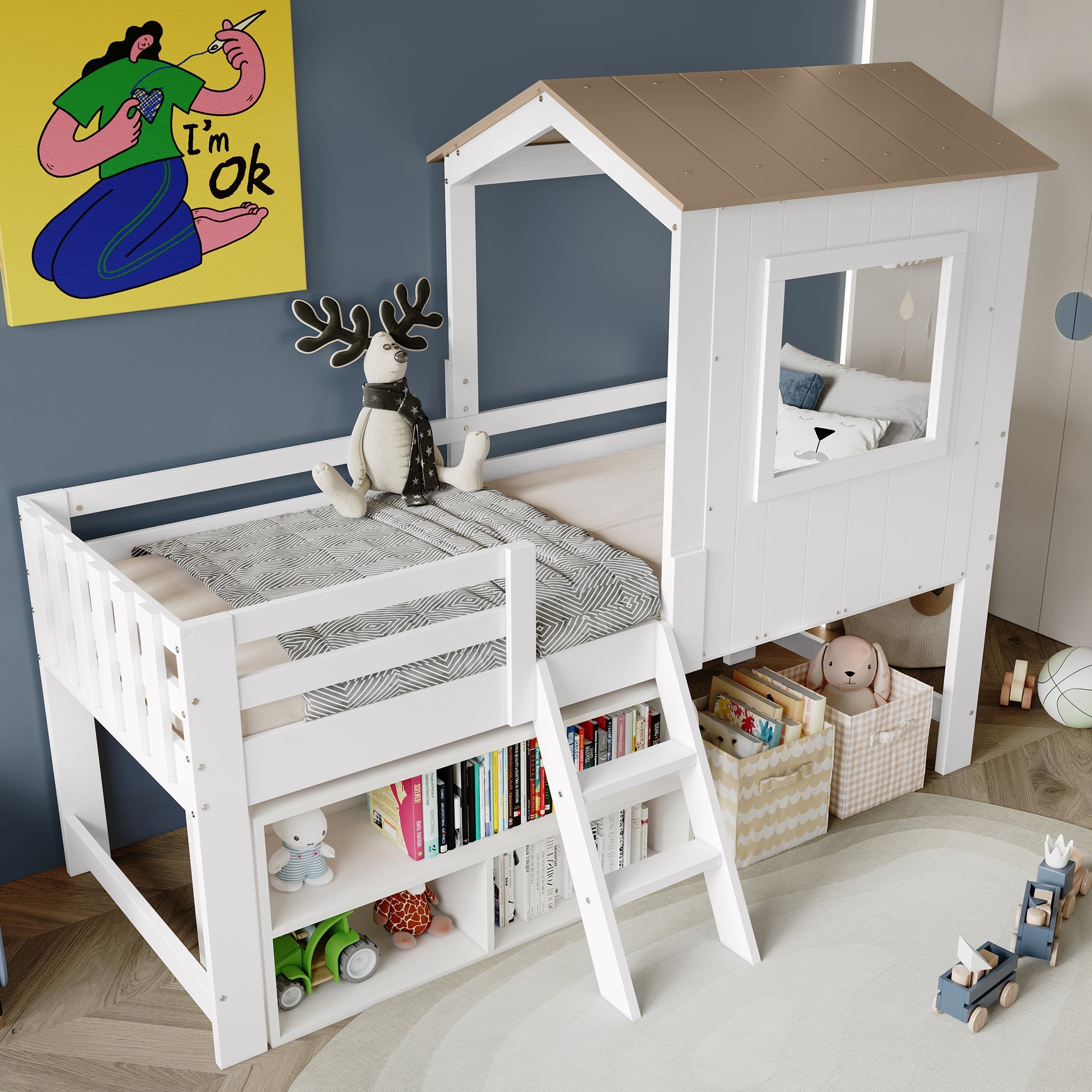 Logidon kinderbed halfhoogslaper met dakraam 90x200 wit naturel
