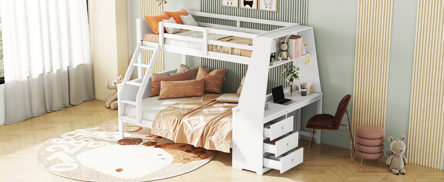 Logidon Bunk Bed 90x200 and 140x200 with Table and Storage Space White