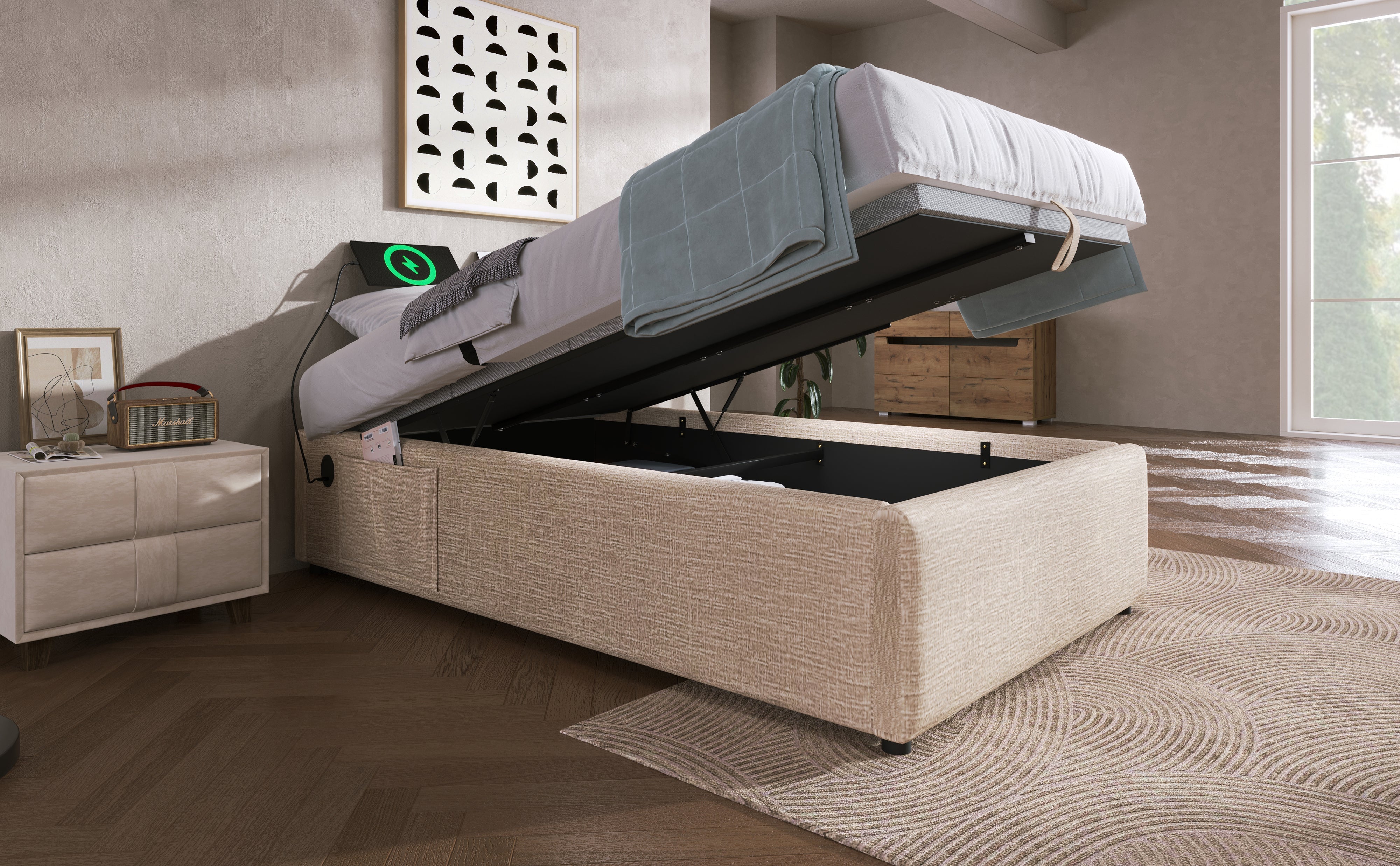 Logidon gestoffeerd bed 90x200 naturel linnen USB C opladen volledige lattenbodem