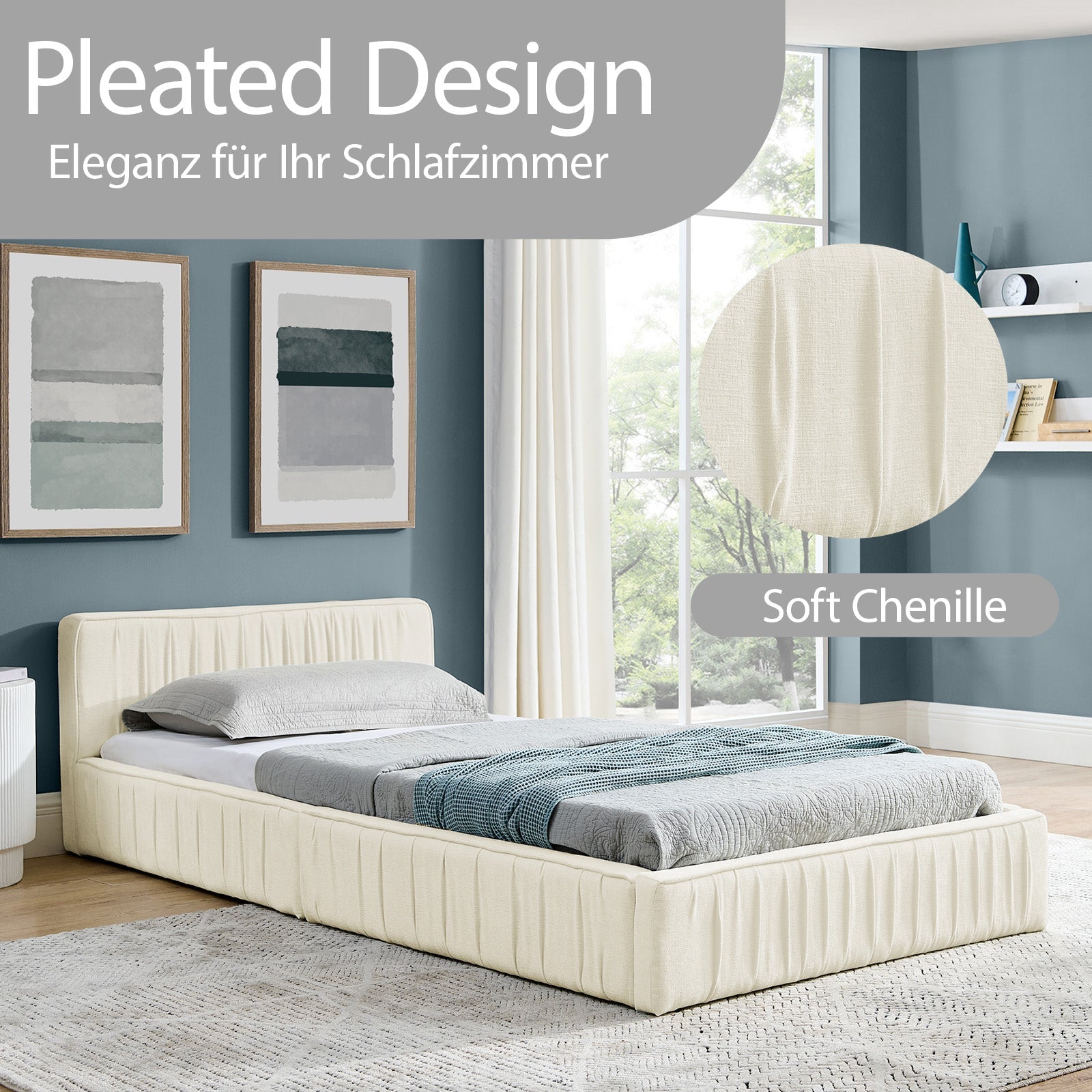 Logidon eenpersoonsbed 90x200cm chenille beige eucalyptushout ijzeren frame