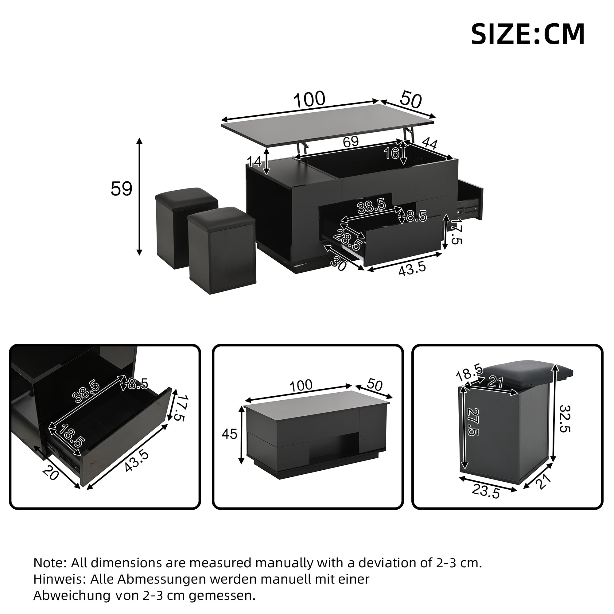 Logidon 4-in-1 in hoogte verstelbare salontafel zwart 100x50x45 cm LED